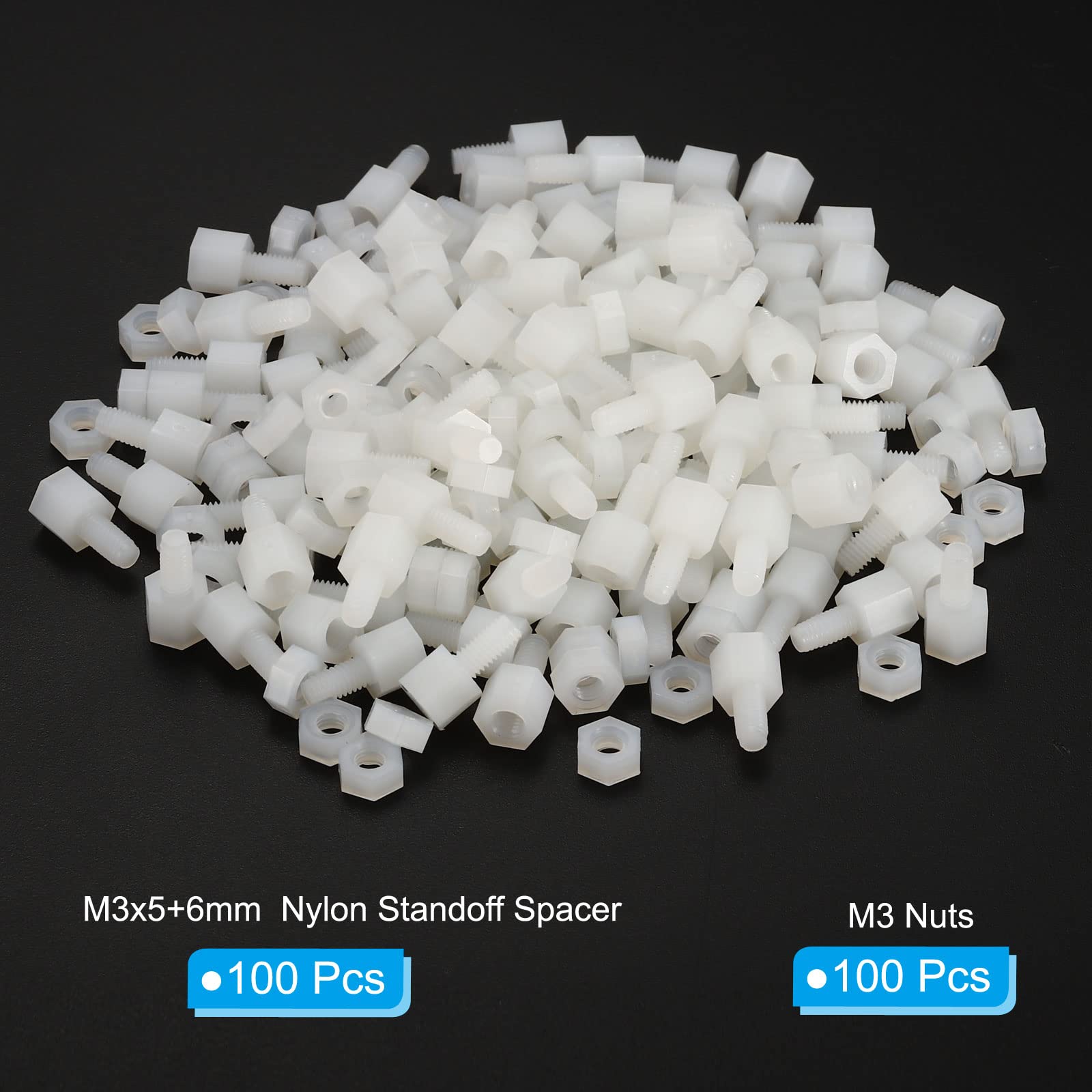 PATIKIL M3x5+6mm Male Female Standoff, 100Pcs Nylon Screws Hex Spacer with 100Pcs Nut for PCB Motherboard, Computer Case - Image 3