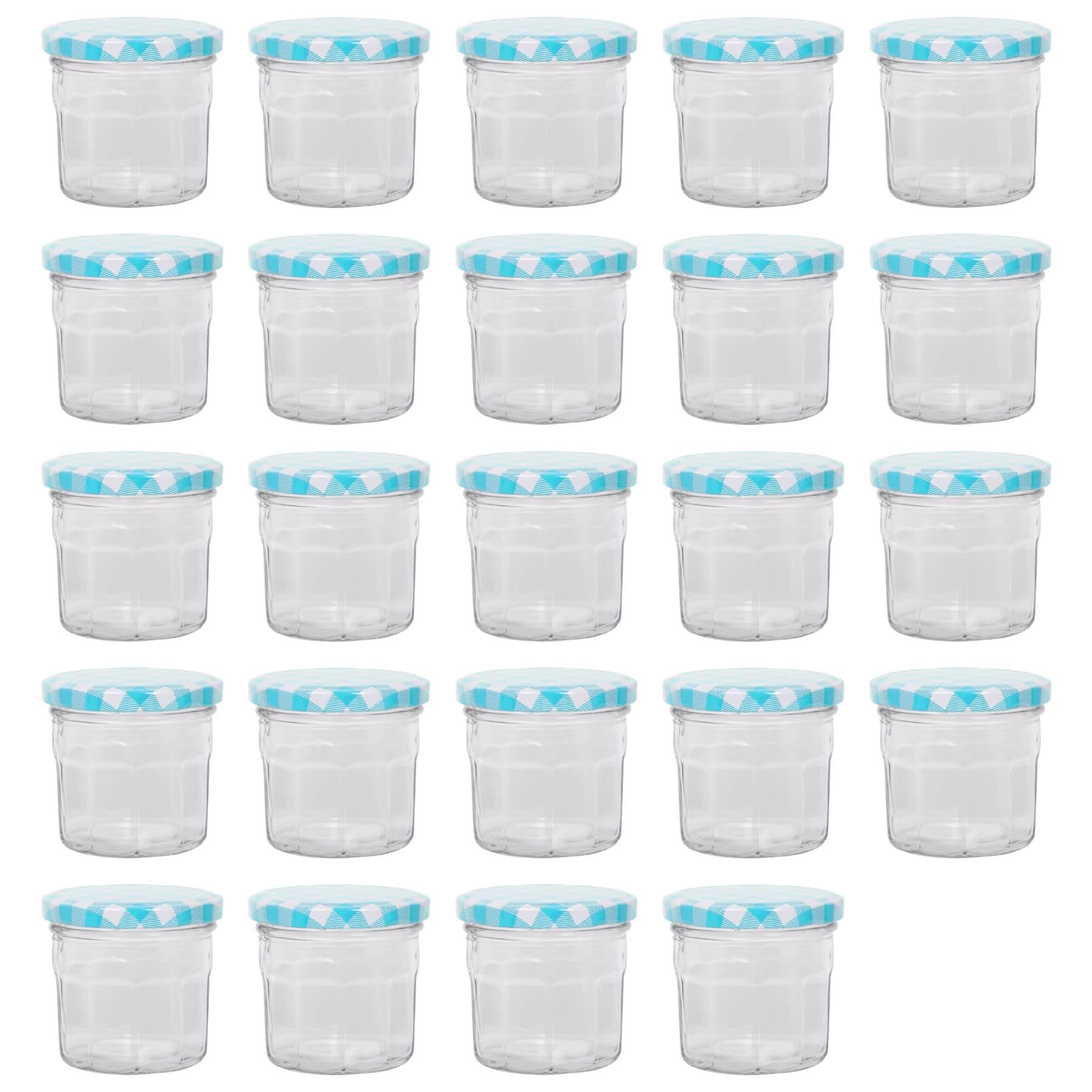 Argon Tableware Blue Gingham Lids Glass Jam Jars With Airtight - 130Ml - Pack Of 24 - Empty Screw Top Kitchen Storage Jar For Food, Honey, Spice, Pickling, Preserving, Candle Making