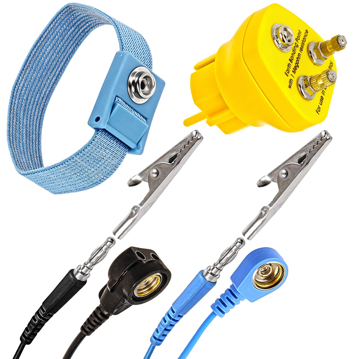 Erdungsbaustein + Manschette mit 1,70m Verlängerung - Innovativer ESD Antistatik Erdungsstecker - 2 x M5-1 Megaohm