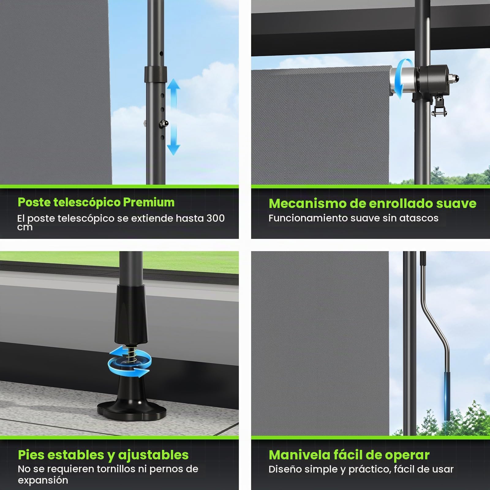 YEAUPE Pro - Toldo Vertical Exterior Solar 200 x 270 cm, Color Negro Gris, sin taladrar, Estor de Pinza con manivela, Adecuado para balcón, terraza, Exterior y jardín, Resistente a la Intemperie