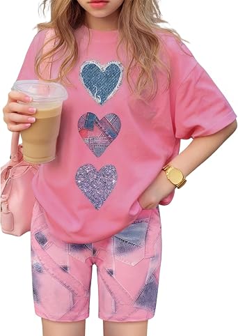 Size 7-14 Girls Summer Clothes 2 Piece Casual Short Sleeve T-Shirt & Short Set Teen Girls Summer Vacation Outfits