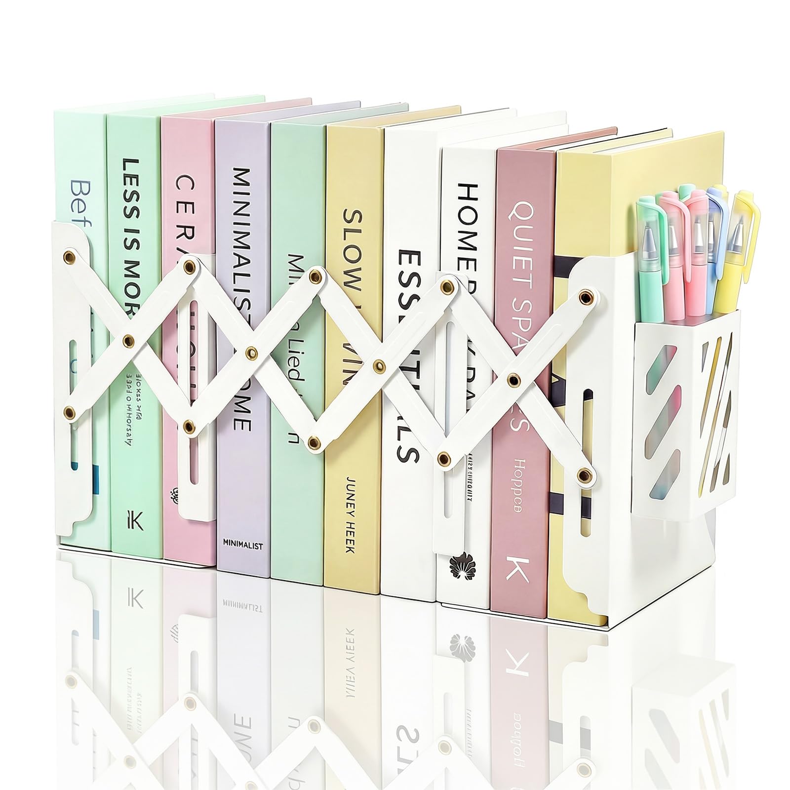 Elezeal Expandable Metal Bookends, Heavy Duty Iron Desktop Book Stand with Detachable Pen Holder, Adjustable Book Organiser for Books, Files, Magazines, Office & Home Supplies, White