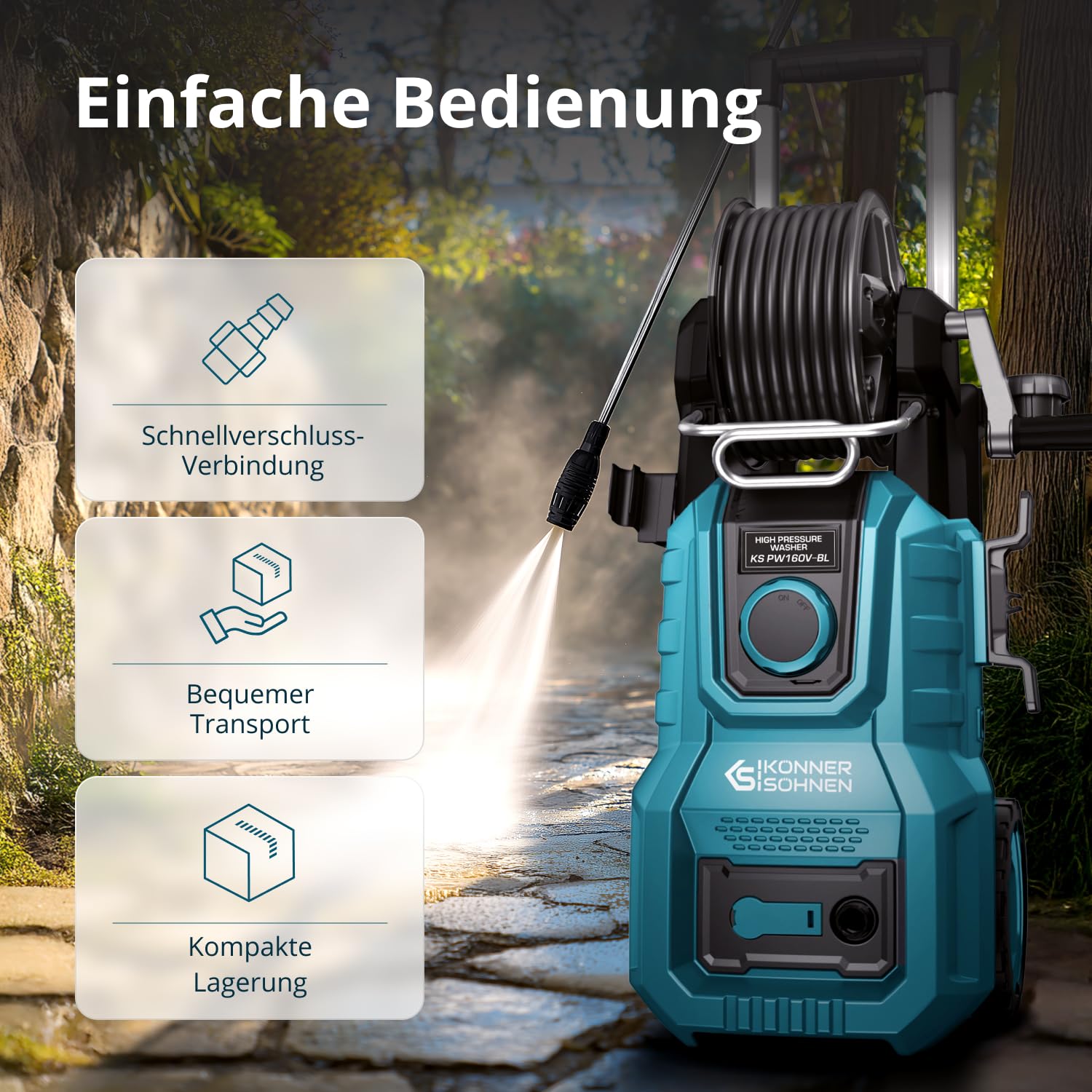 Könner & Söhnen KS PW160V-BL Hochdruckreiniger 2000 W, 160 bar, mit bürstenlosem Induktionsmotor, Teleskopgriff, Metalllanze und 8-m-verstärktem Hochdruckschlauch, mobiler Flächenreiniger 390 l/h