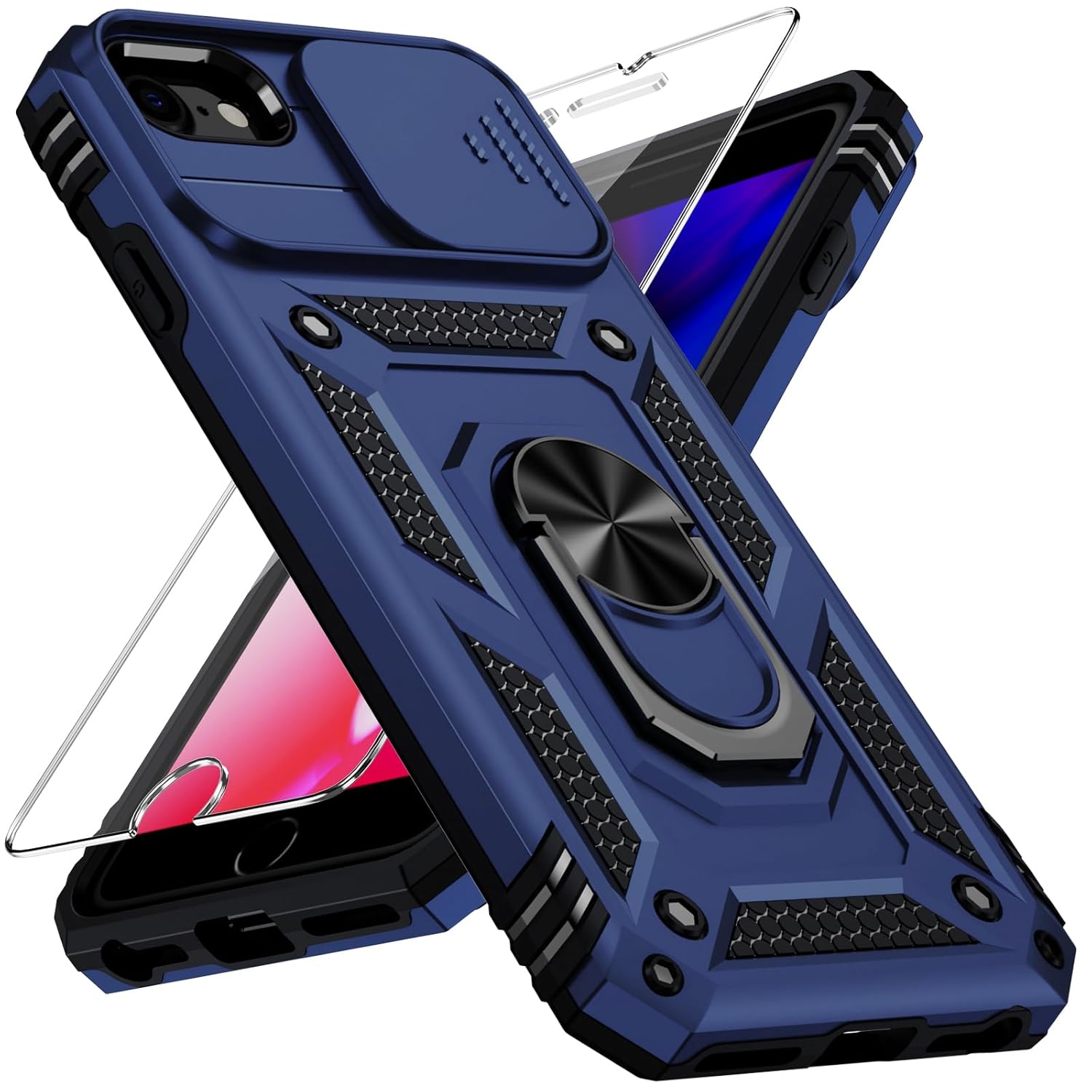 Weycolor for iPhone SE 3rd Generation / 2nd Generation Case, iPhone SE 2022/2020, iPhone 8/7/6 Case with Slide Camera Cover HD Screen Protector Heavy Duty Kickstand Phone Case,Navy Blue