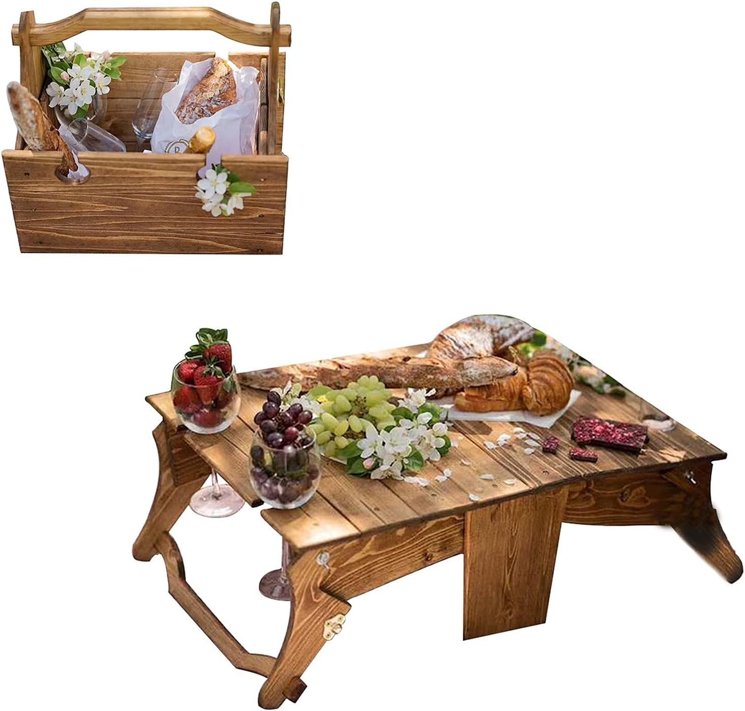 Wooden Outdoor Folding Picnic Basket Table, Portable Wine Picnic Table