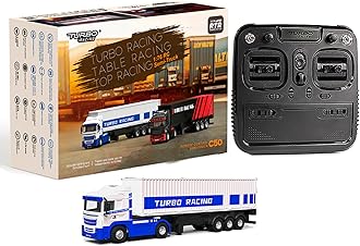 FLYCOLOR Turbo Racing 1:76 C50 RTR Tractor Remote Control Truck Four-Wheel Drive Simulated Headlights 10CH Minicar Model(White-Blue)