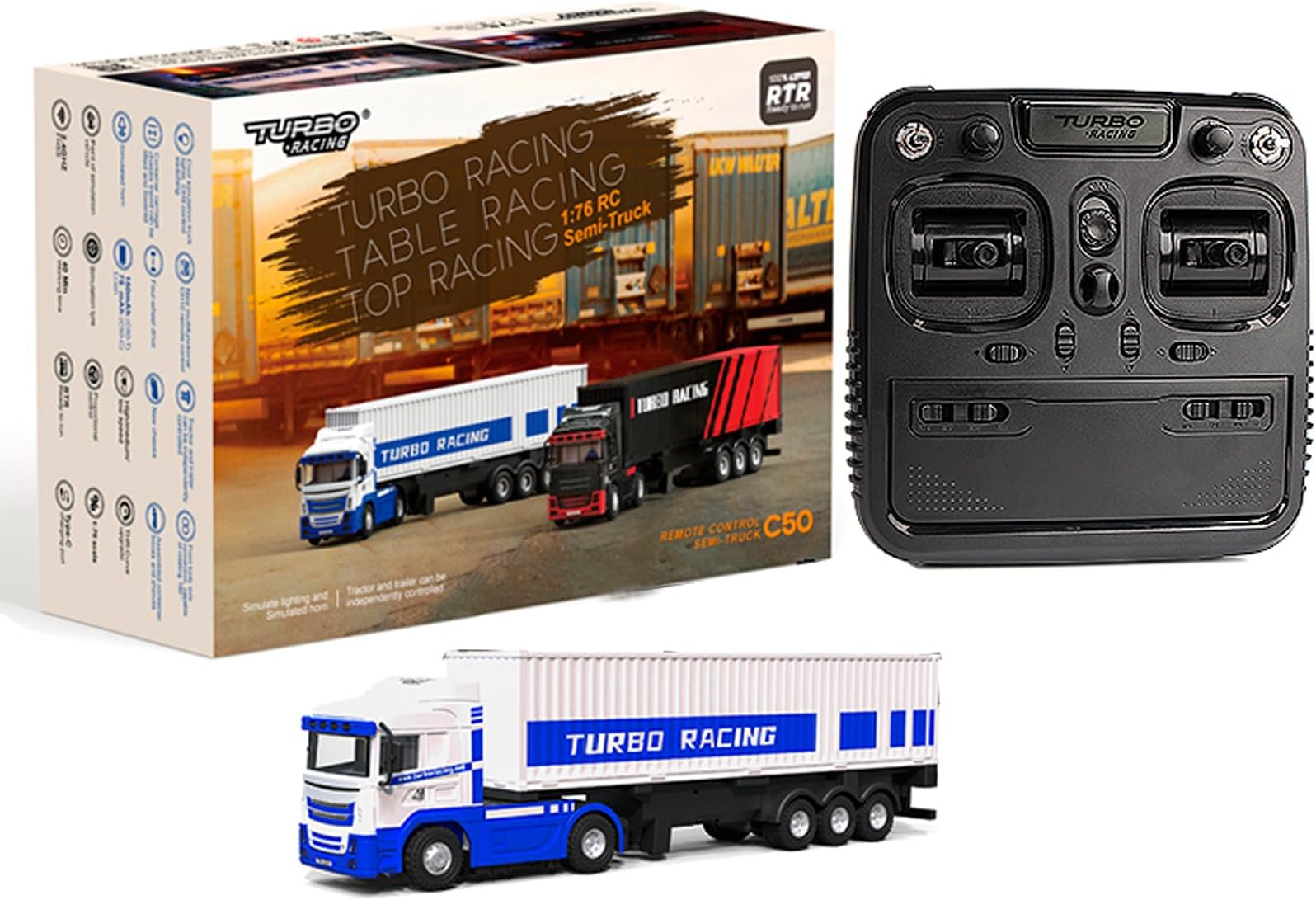 FLYCOLOR Turbo Racing 1:76 C50 RTR Tractor Remote Control Truck Four-Wheel Drive Simulated Headlights 10CH Minicar Model(White-Blue)