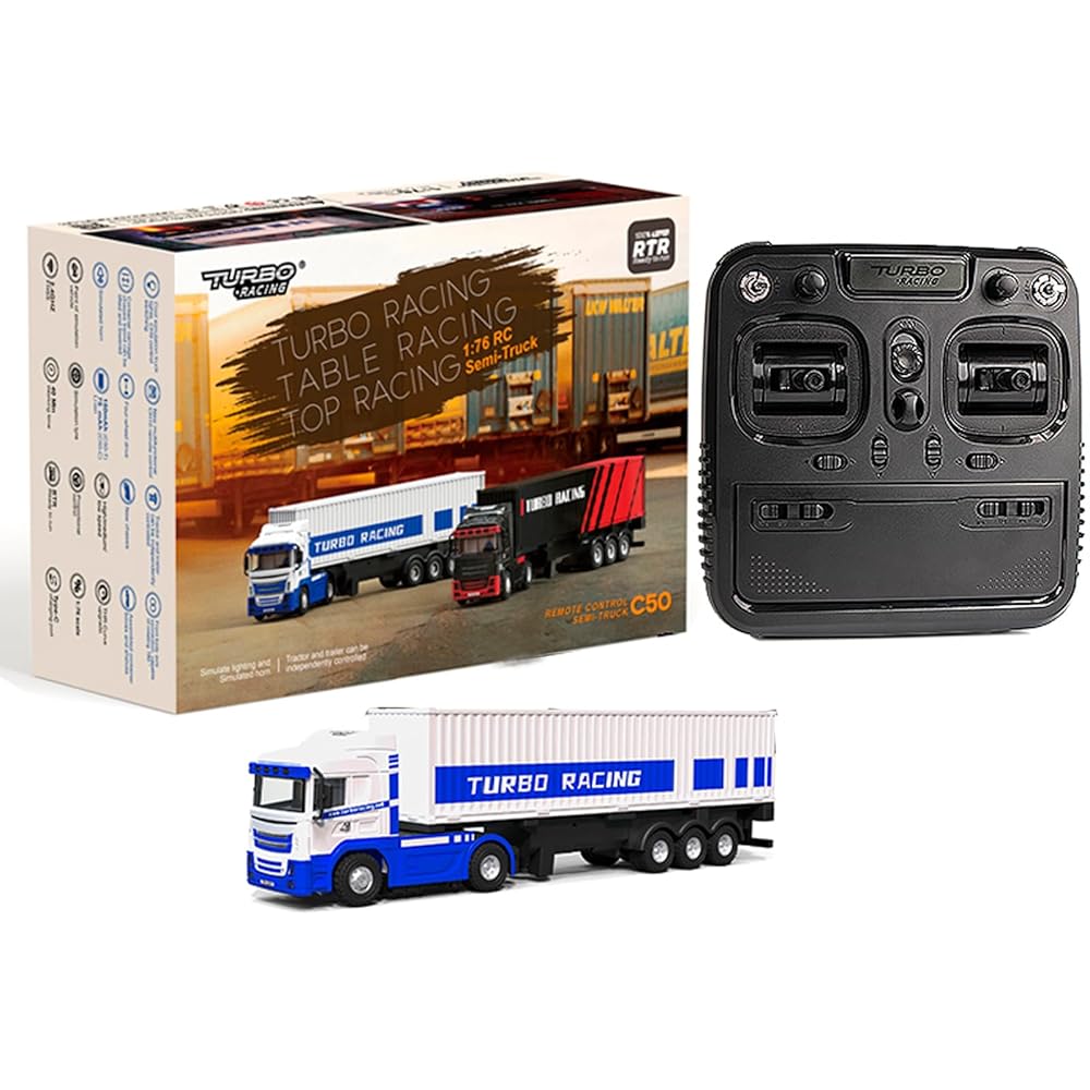 FLYCOLOR Turbo Racing 1:76 C50 RTR Tractor Remote Control Truck Four-Wheel Drive Simulated Headlights 10CH Minicar Model(White-Blue)