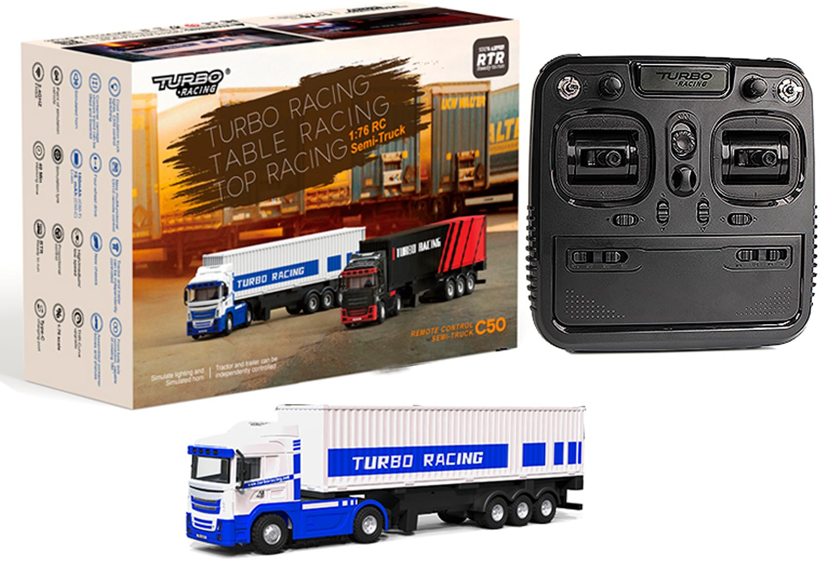 FLYCOLOR Turbo Racing 1:76 C50 RTR Tractor Remote Control Truck Four-Wheel Drive Simulated Headlights 10CH Minicar Model(White-Blue)