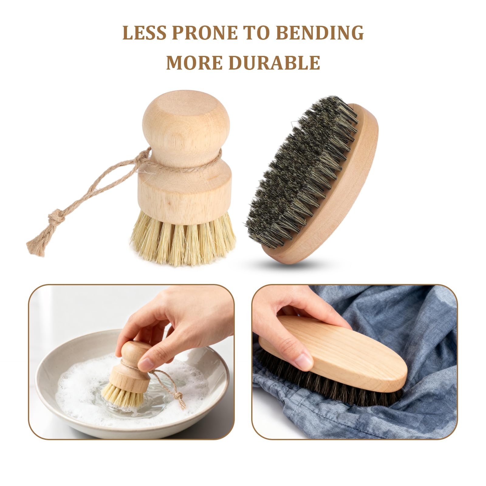 Lot de 2 Brosses de Cuisine en Bois Naturel, Brosse à Légumes et Brosse à Casseroles Antimoisissure