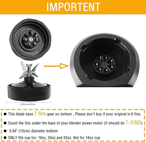 Miniatura 3 de Piezas de repuesto para licuadora Ninja, 7 aletas Ninja Blender Blade para Ninja BN401 BN751 BN801 BL480 BL640 NN100-30 BL2012 32oz 24oz 18oz Copa
