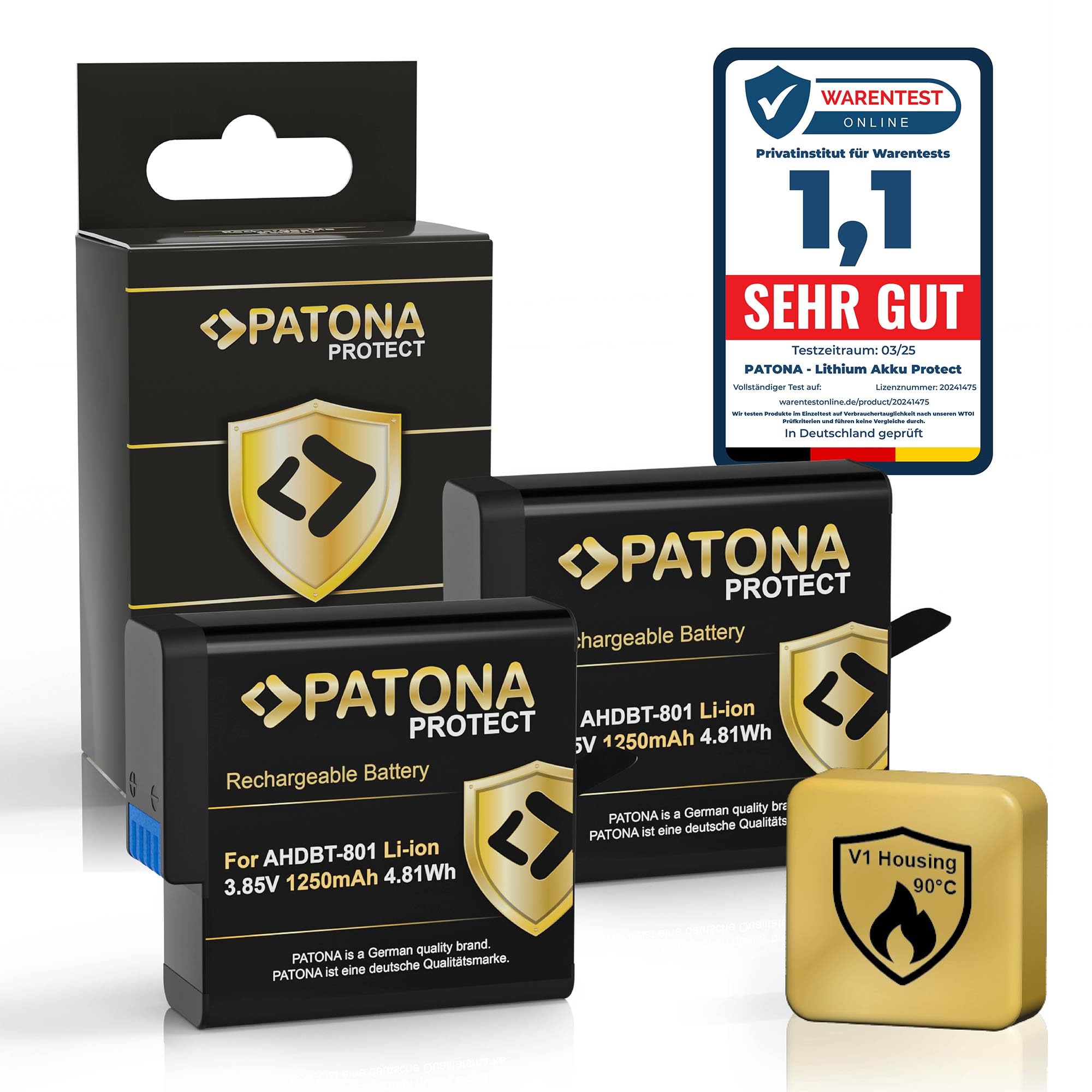 PATONA 2x Protect Batteria per GoPro Hero 8 7 6 5 (1250mAh, guscio V1 ignifugo) – ricambio per AHDBT-801/701/501, AABAT-001 – doppia scorta per action, 4K e time-lapse