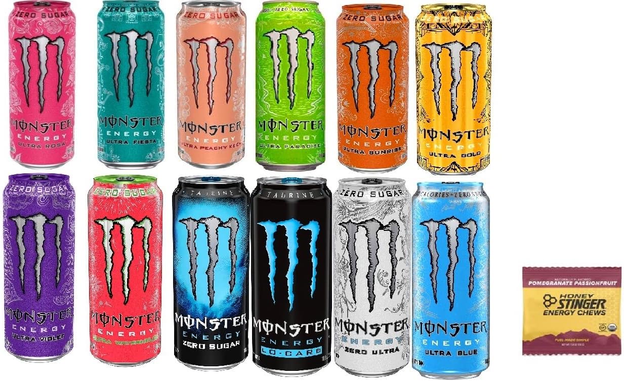 Monster Energy Drink Variety -Low Calorie Pack - 16 ounce (Pack of 12) + Stinger Energy Chews