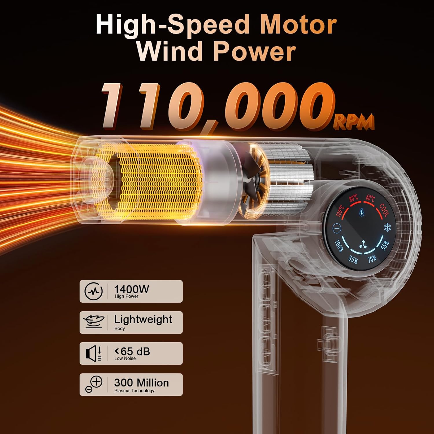 Vinid High Speed Hair Dryer with Detachable Comb, 110,000 RPM Folding Fast-Dry with 300M Negative Ions, LED Display, 4 Heat & Speed, Portable & Hair Nourishing, Ionic Hair Dryer for Valentine's Gifts