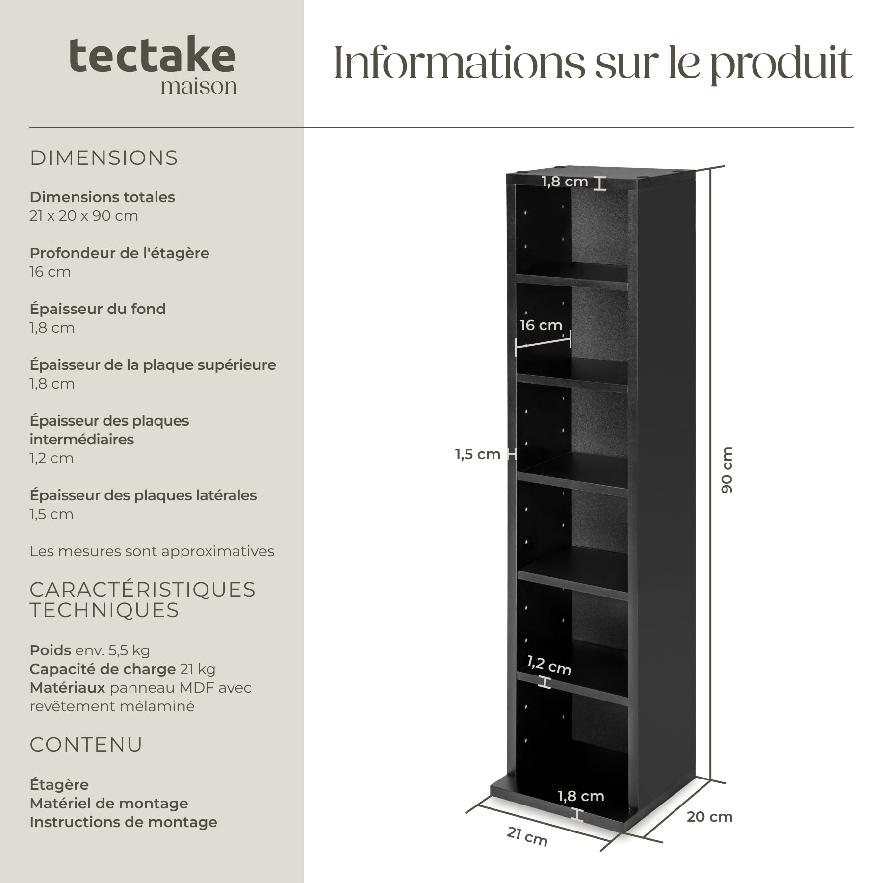 tectake® Étagère Bibliothèque Étagère Rangement CD/DVD pour 102 CDs - 90 x 21 x 20 cm Meuble de Rangement Moderne pour Rangement Bureau, Salon, Chambre, Etagere Rangement Meubles de Salon