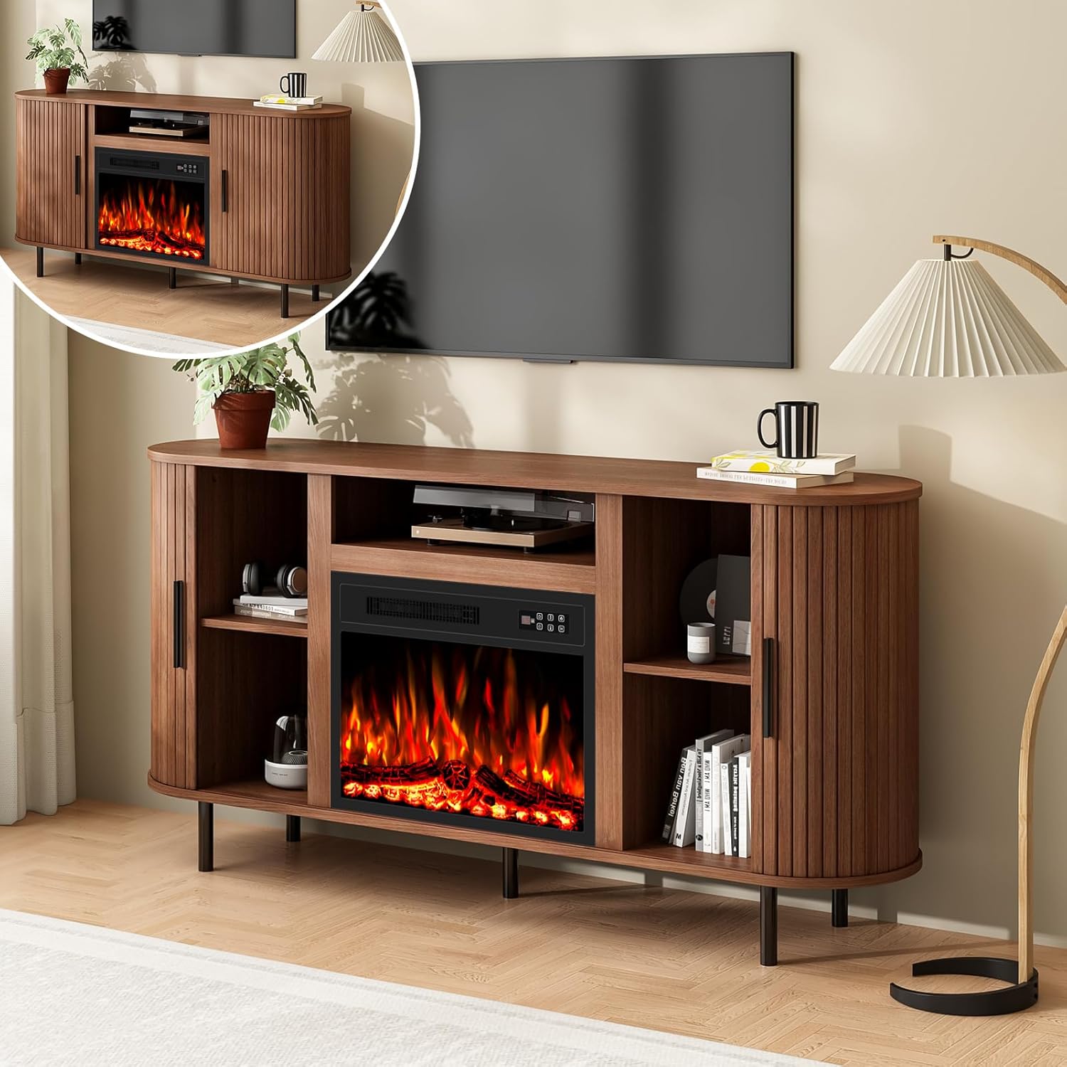 65" Oval Fluted Fireplace TV Stand for TVs up to 75 inch, Mid Century Modern Tambour Media Console with 23" Electric Fireplace, Curved Slat Door Entertainment Center for Living Room (Walnut)