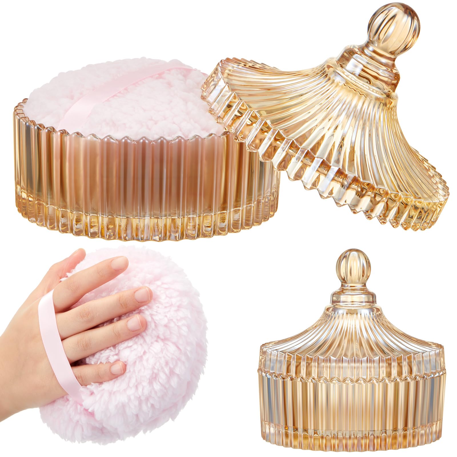 2 spugnette per cipria viso extra large con contenitore per donne, barattolo in cristallo di vetro da 14 cm (corpo da 15 cm), morbido, lavabile e riutilizzabile (ambra)