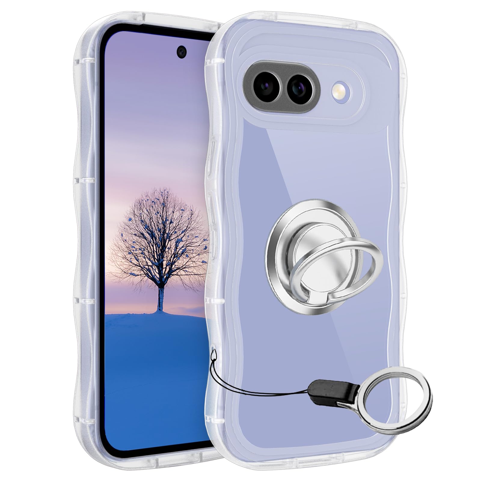 Google Pixel 9A ケースクリア ウェーブ リング付き グーグル ピクセル9A TPU波状のバンパー 透明 スマホケース かわいい うねうね グーグル ピクセル9A ウェーブ デザイン 可愛い 韓国 女性用 薄型 人気 おしゃれ 耐衝撃 ストラップホール付き(クリア)
