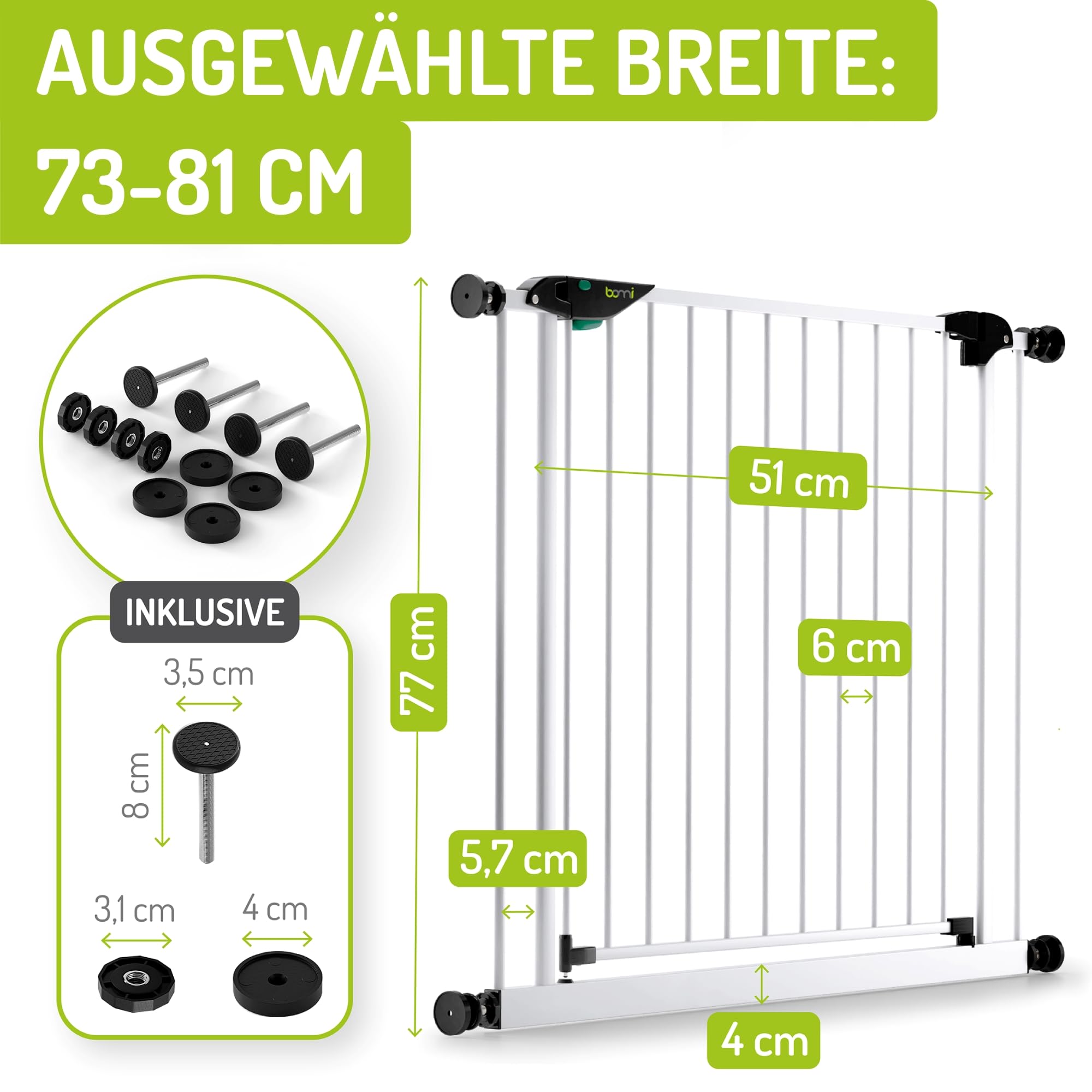 BOMI Türschutzgitter Mira | Ohne Bohren | 90° Stop | Schließt automatisch | Tuerschutzgitter weiß Metall Selbstschließend | Treppengitter zum Klemmen für Baby | Breite: 73-81 cm