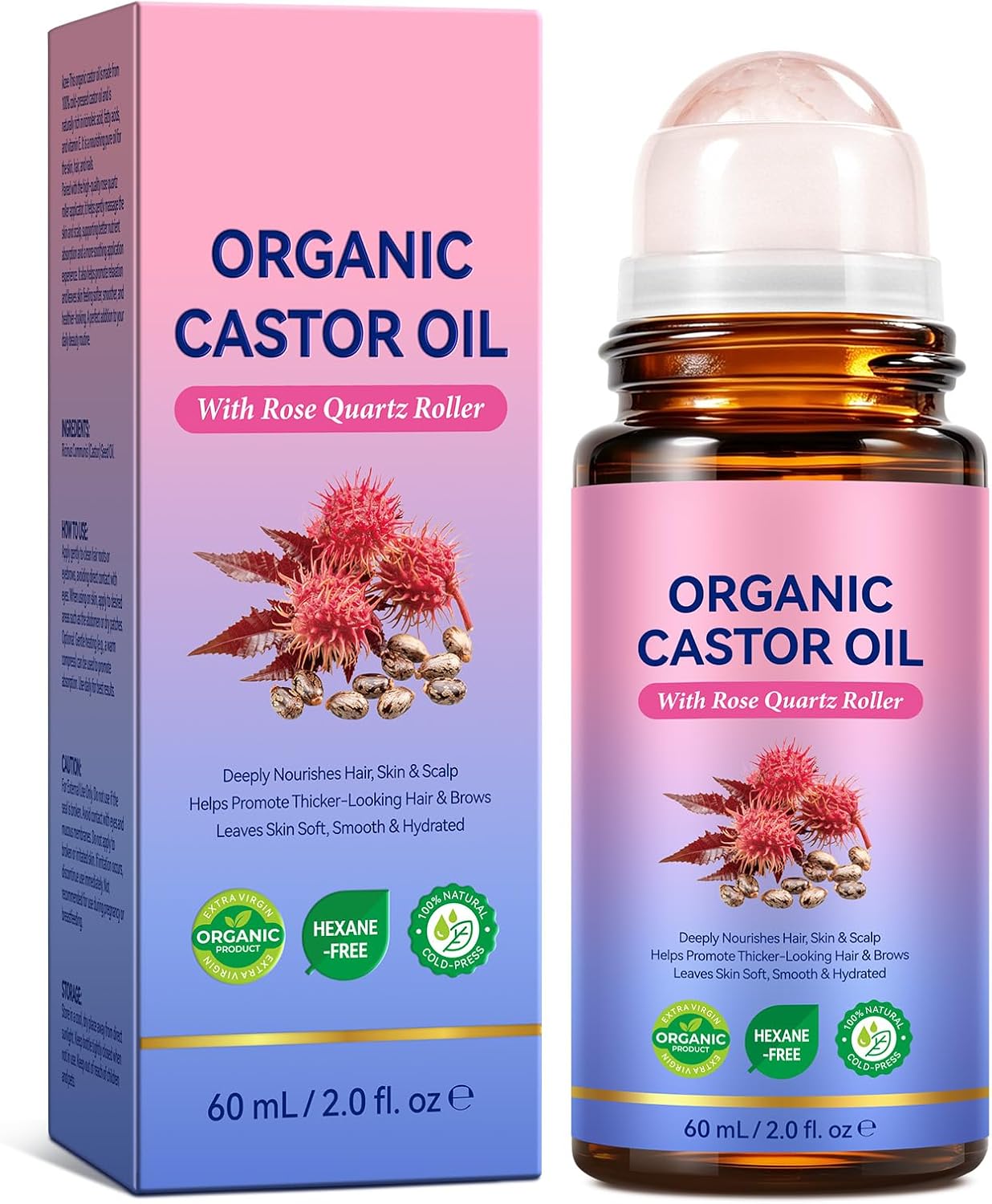 Organic Castor Oil Rose Quartz Roller Ball, 100% Cold-Pressed Pure Castor Oil, Massage Oil for Face, Hair, Eyebrows, Lashes, Cuticle & Body Skin Moisturizer 2 fl oz