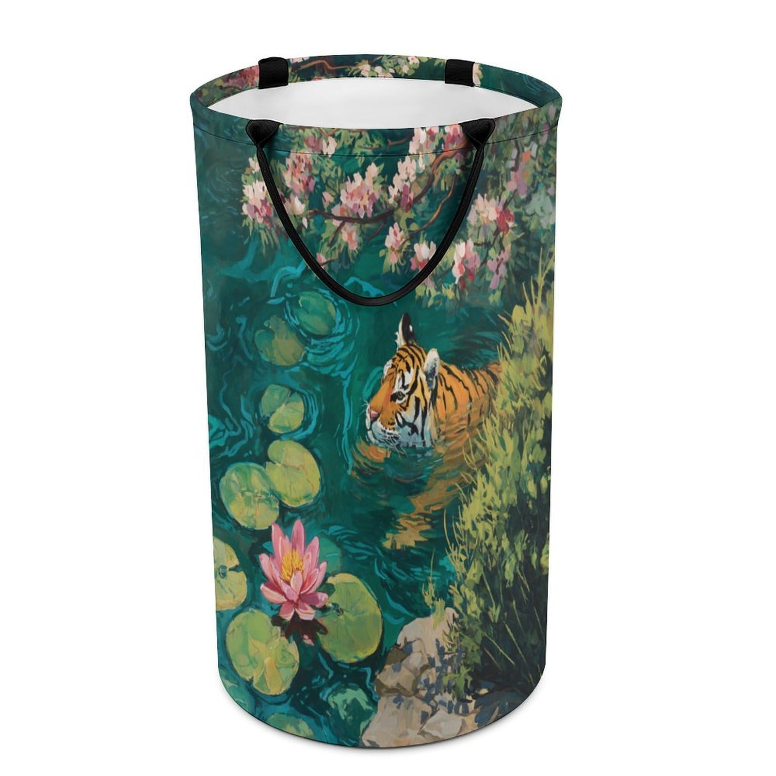 LUYYSKY Beautiful Elegant Animal Tiger Versatile Storage Laundry Basket, Vintage Rustic Japanese Cherry Blossom Lotus Flowers Large Bathroom Laundry Hamper With Handle-40 CM Dia, 69 CM High