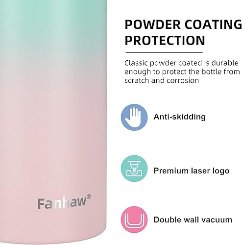 Miniatura 4 de Fanhaw Botella de agua aislada con pajilla, de acero inoxidable, de 24 onzas, de doble pared, al vacío, a prueba de fugas y sudor, apta para