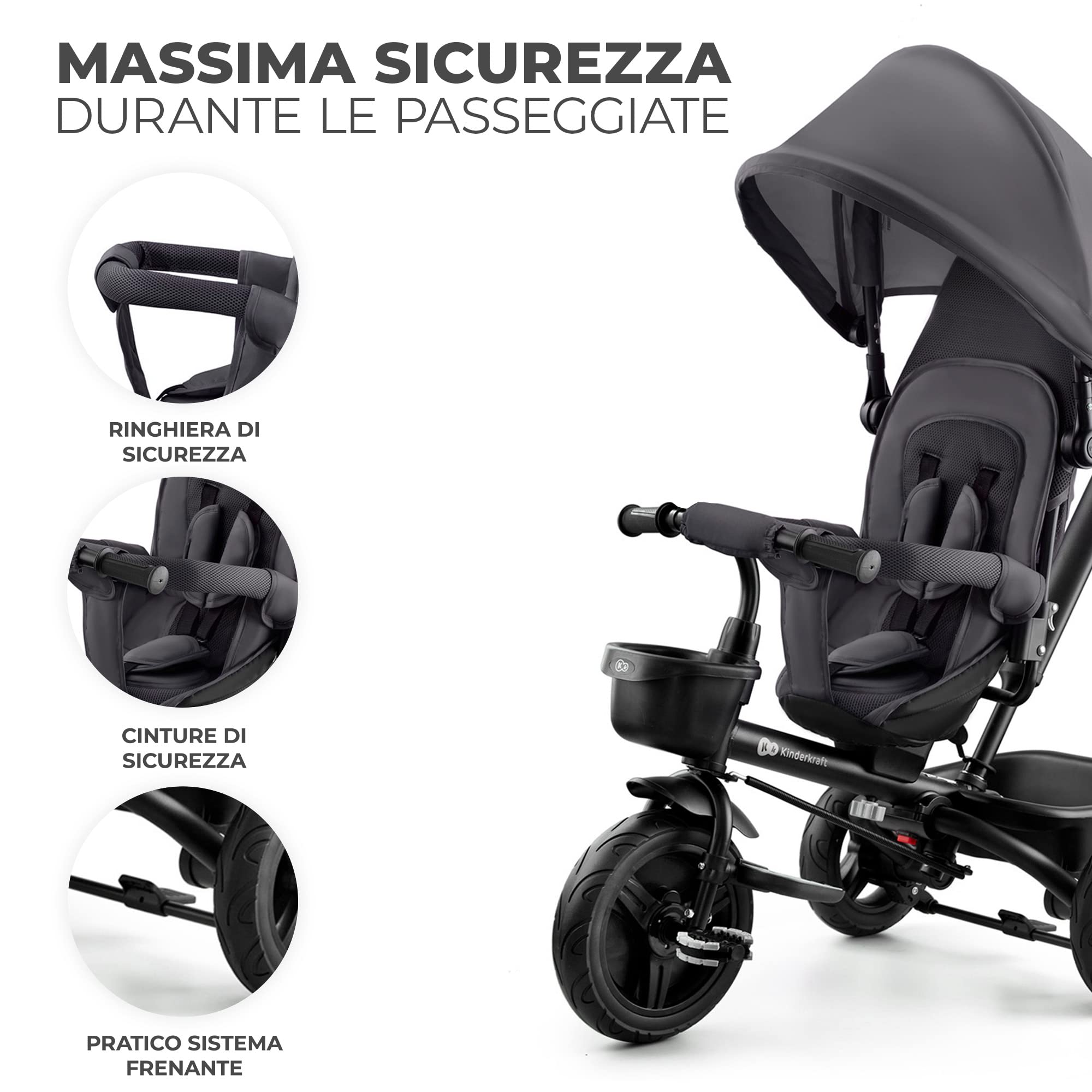 Kinderkraft AVEO Triciclo bambini dai 9 Mesi fino 25 kg, Passeggino con Maniglione del Genitore regolabile, Bici, Compatto pieghevole, Sedile girevole Fronte Mamma e Strada, Ruota libera, Grigio