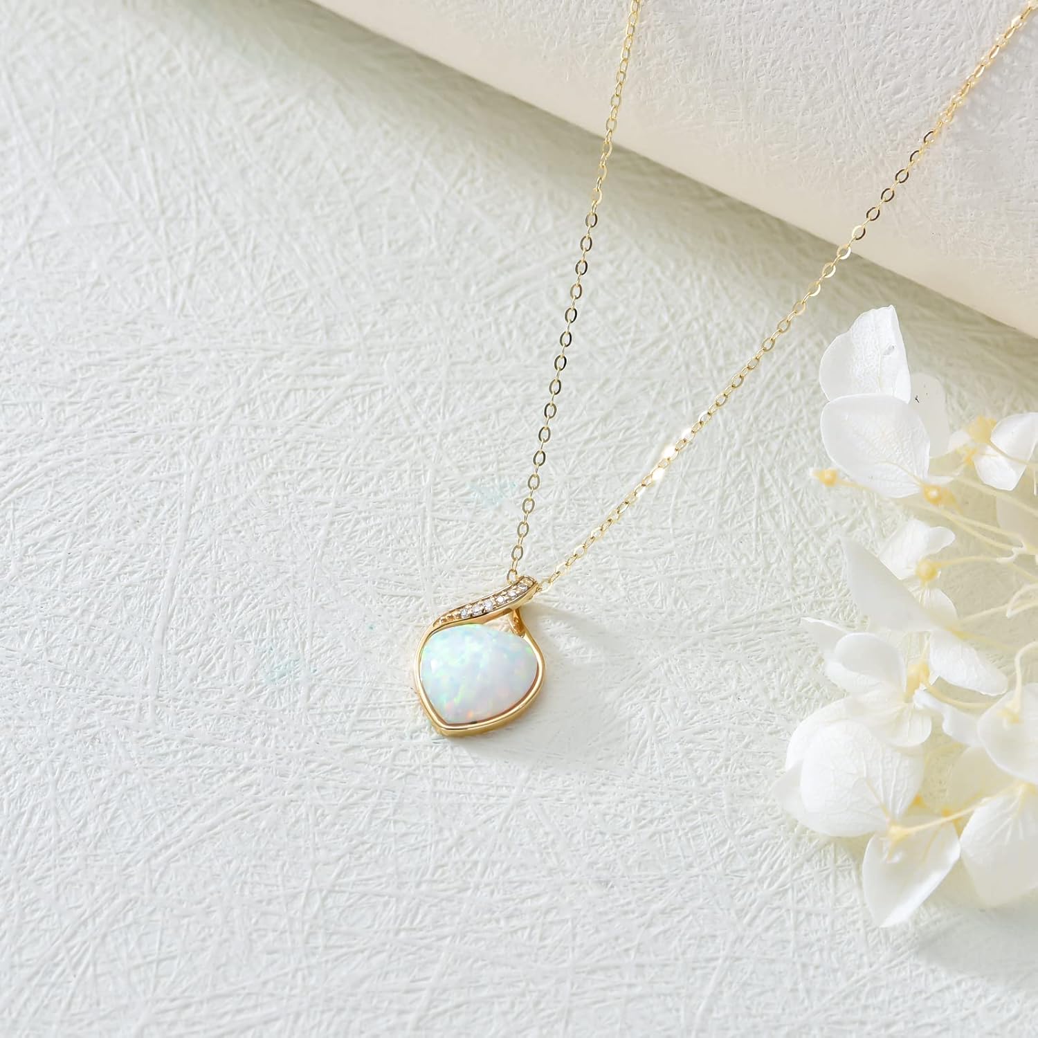 YDD 14k Solid Gold White Opal Necklace for Women Heart Shape Opal with Genuine Diamond Pendant Necklace Heart Necklace Opal Jewelry Diamond Jewelry Gifts 16"-18" - Image 3
