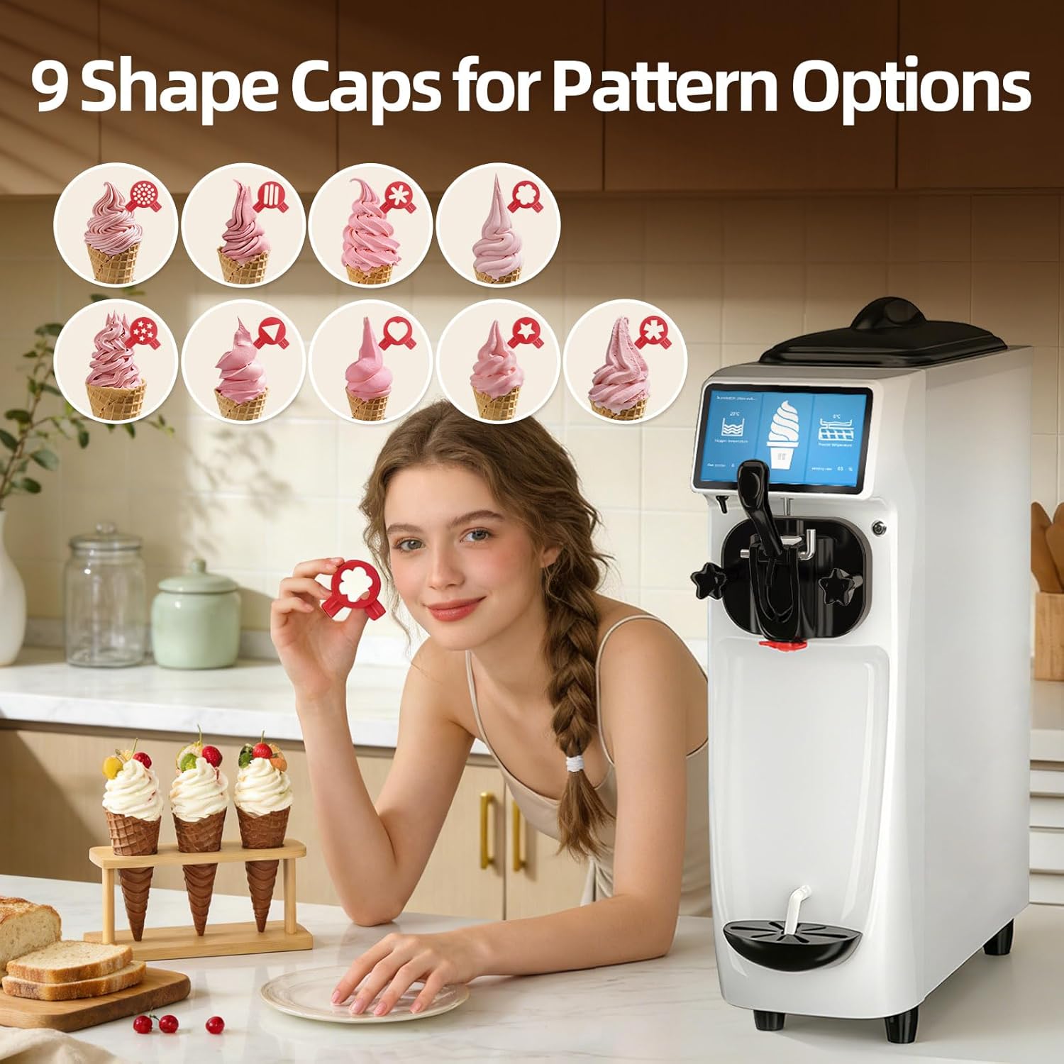 Soft Serve Ice Cream Machine, 4 to 4.5 Gal/H Ice Cream Maker 7 Inch Screen Soft Serve Machine with Pre-Cooling & Fresh-Keeping, 6L Stainless Hopper, Enclosed Body for Home Party Café Store