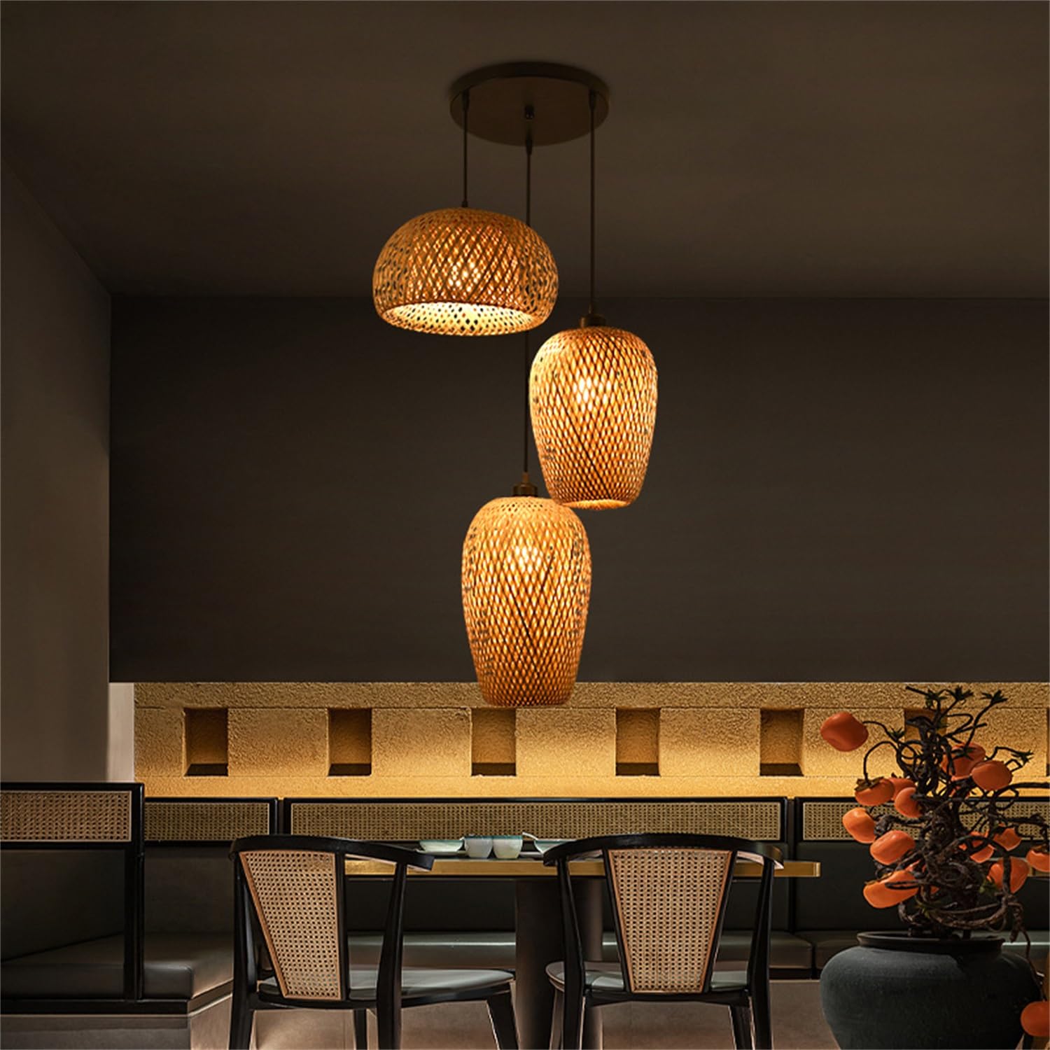 Lampada A Sospensione 3-Fiamma E27 Vintage Natural Bamboo Lantern, Retro Lampada In Rattan DIY Altezza Regolabile Lampadario Hanging Soffitto Per Sala Pranzo Camera Da Letto Bar Illuminazione Soffitto