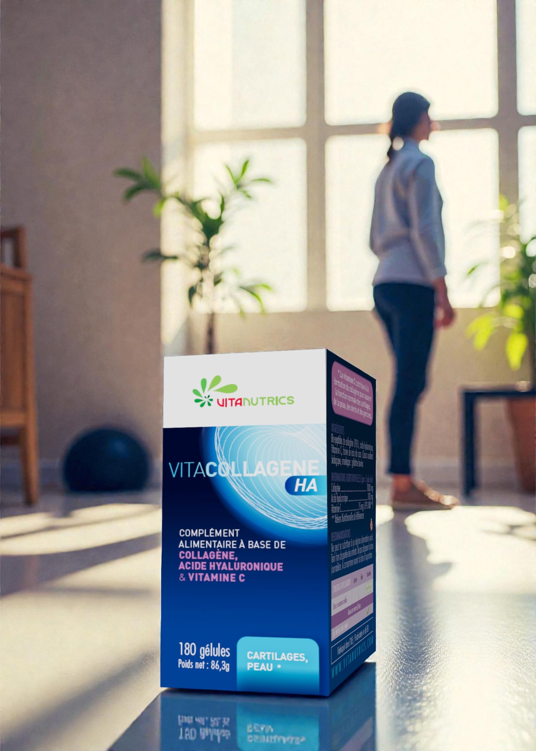 Vitanutrics - VITACOLLAGENE HA - Os, Gencives et Cartilages - Enrichi en Acide Hyaluronique et Vitamine C - Fabriqué en France - 90/180 Gélules (180 gélules)