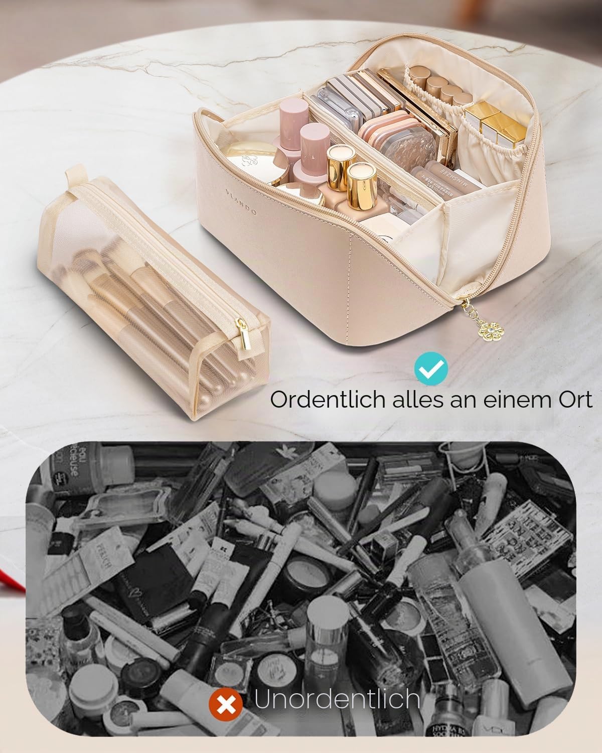 Vlando Reise-Make-up-Tasche, Kulturbeutel für Damen, PU-Leder, offen, flach, Make-up-Tasche, 01. Toffee