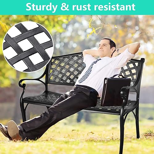 Miniatura 5 de Grepatio Banco de jardín para patio al aire libre, sofá biplaza de aluminio fundido para todo tipo de clima, muebles de parque, patio, porche,