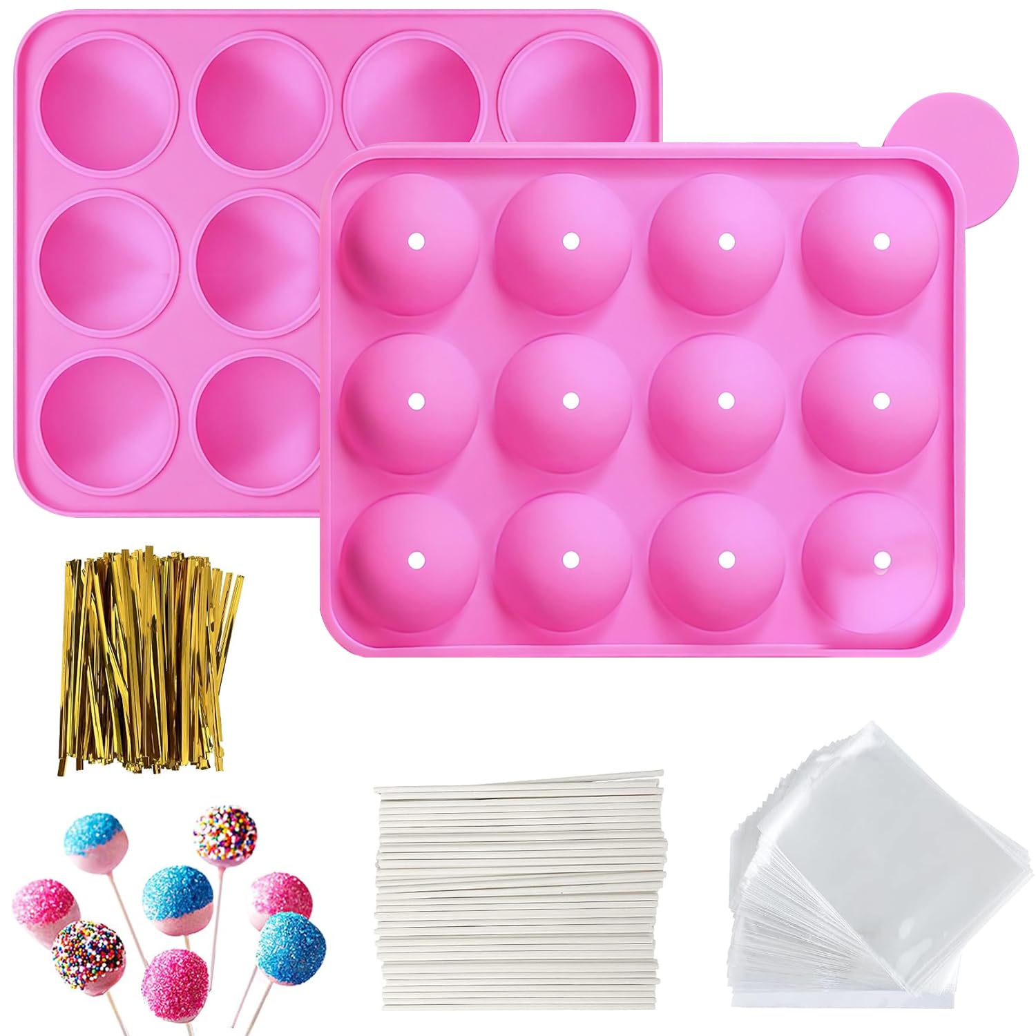 Silicone Cake Pop Mold, 12 Cavities Cake Pop Mould with 100PCS Treat Sticks, Bags and Twist Ties, Chocolate Lolly Moulds, for Hard Candy, Chocolate, Jelly, Lollipop Mold