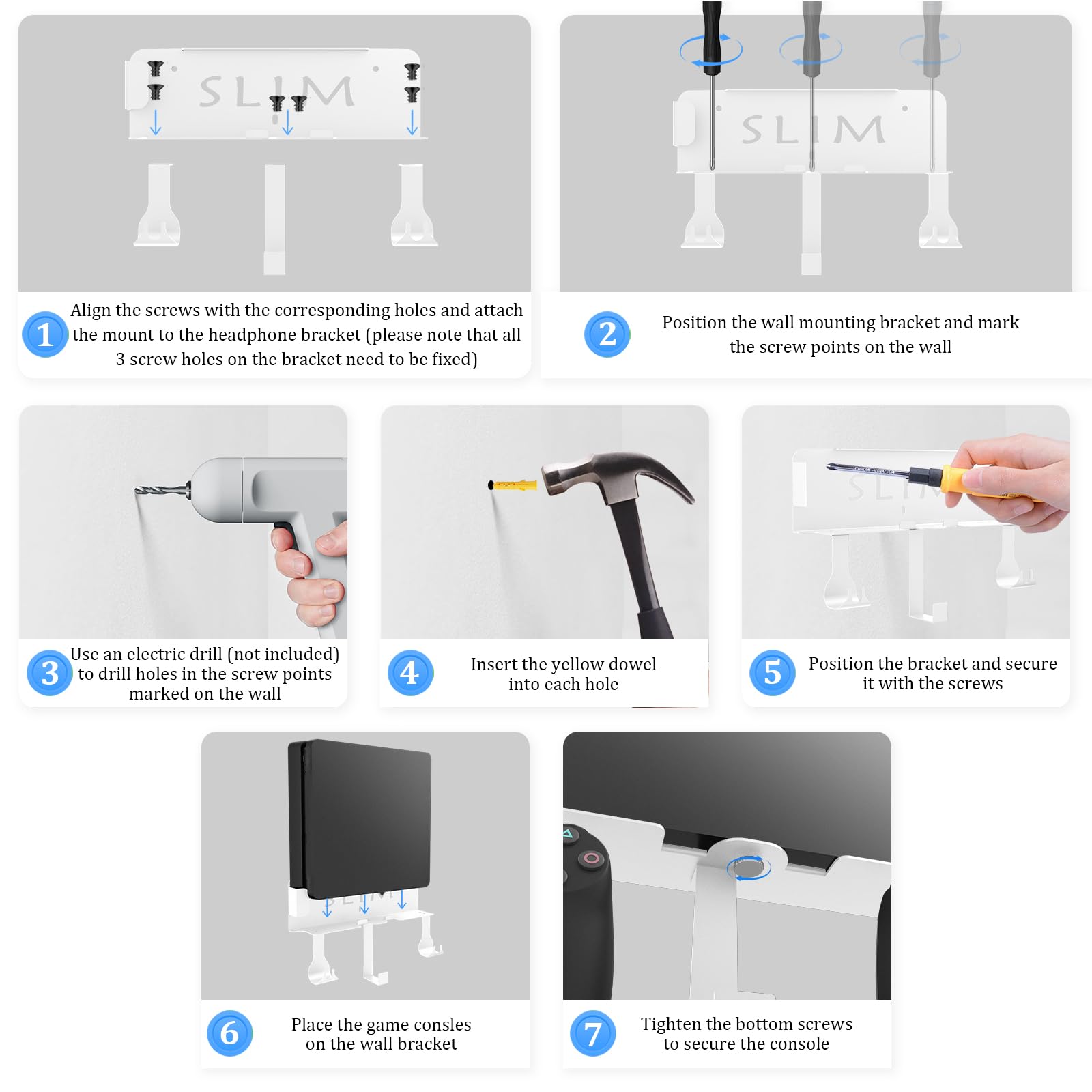 Kit di montaggio a parete con 2 controller staccabili e gancio per cuffie, supporto da parete in metallo compatibile con PlayStation 4 Slim