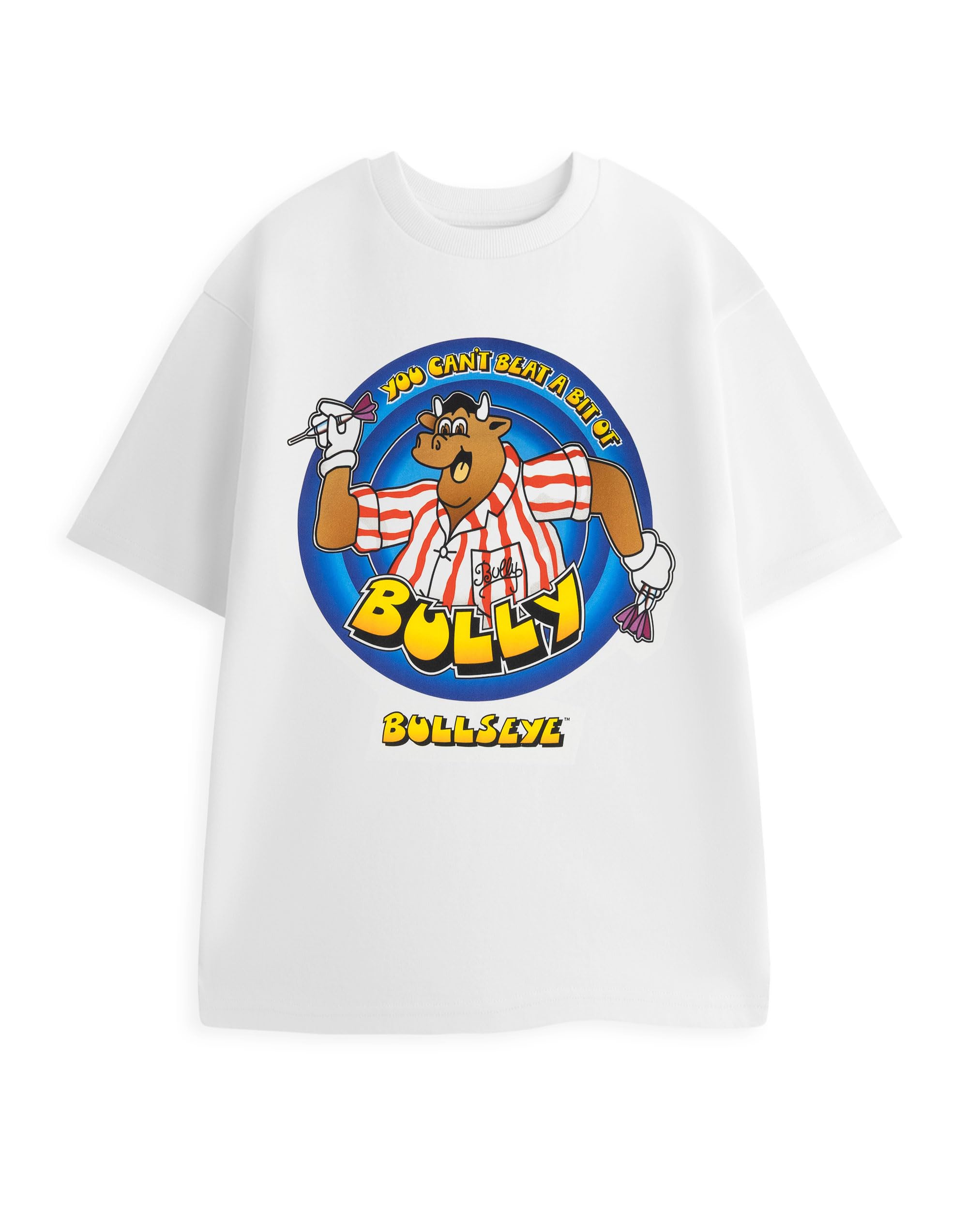Vanilla Underground Bullseye Bully The Bull Mens White Short Sleeved T-Shirt | You Can't Beat A Bit of Bully Graphic Tee | Darts Game Show Theme Top | Casual Wear for Fans Merch