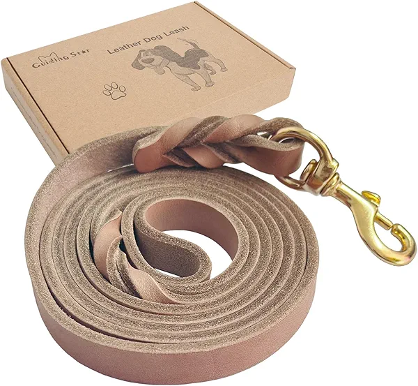 Guiding Star Leather Dog Leash - 6ft Heavy Duty, Soft Braided Handmade Leather Training Leash for Large & Medium Dogs (6ft x 1/2in, Light Brown)