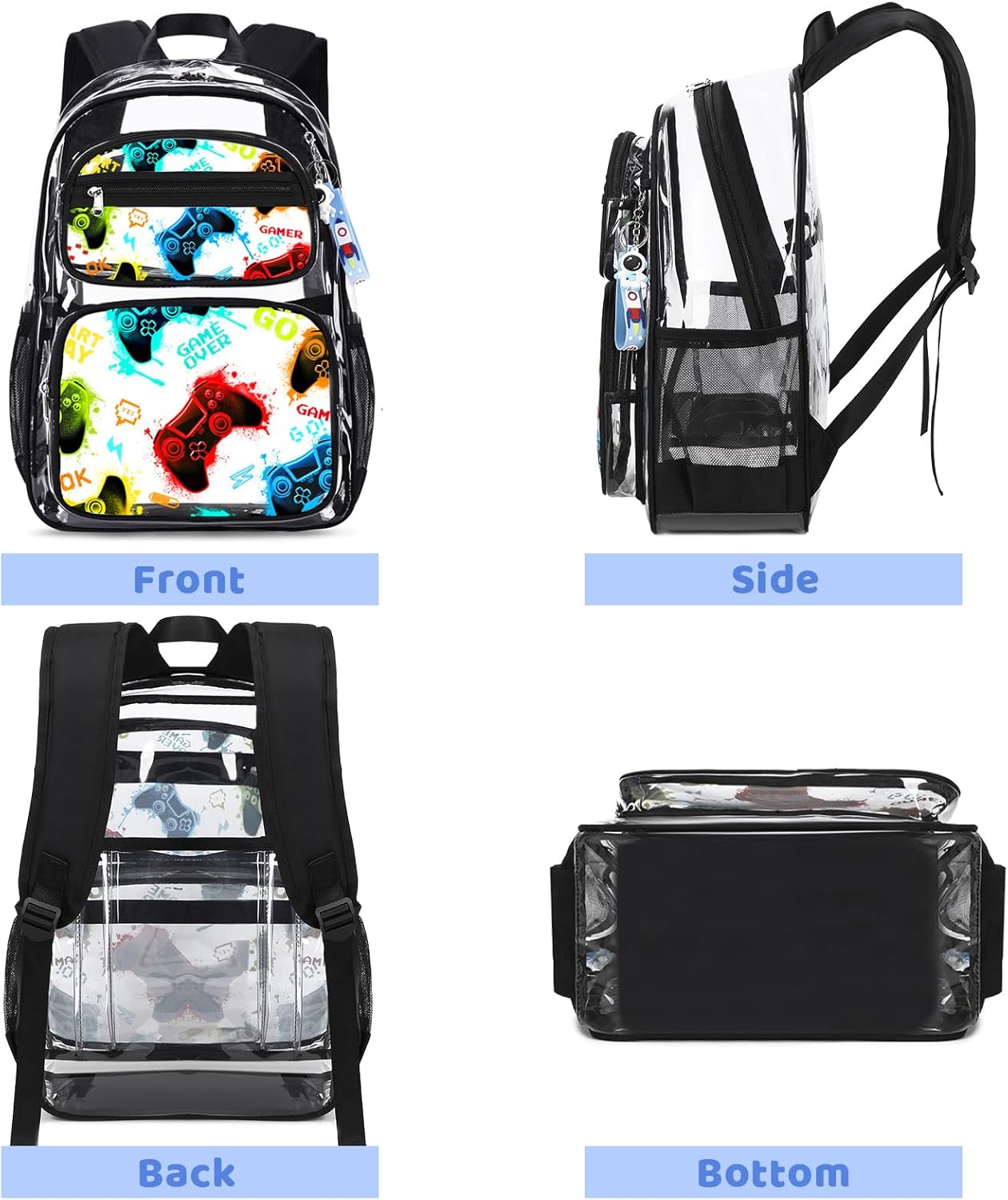 Clear Backpack for Boys - 3 Pcs Game Heavy Duty with Lunch Bag - See Through Backpack Clear Bookbag Stadium Approved for Kids Middle High College School Travel (Black Games) - Image 6