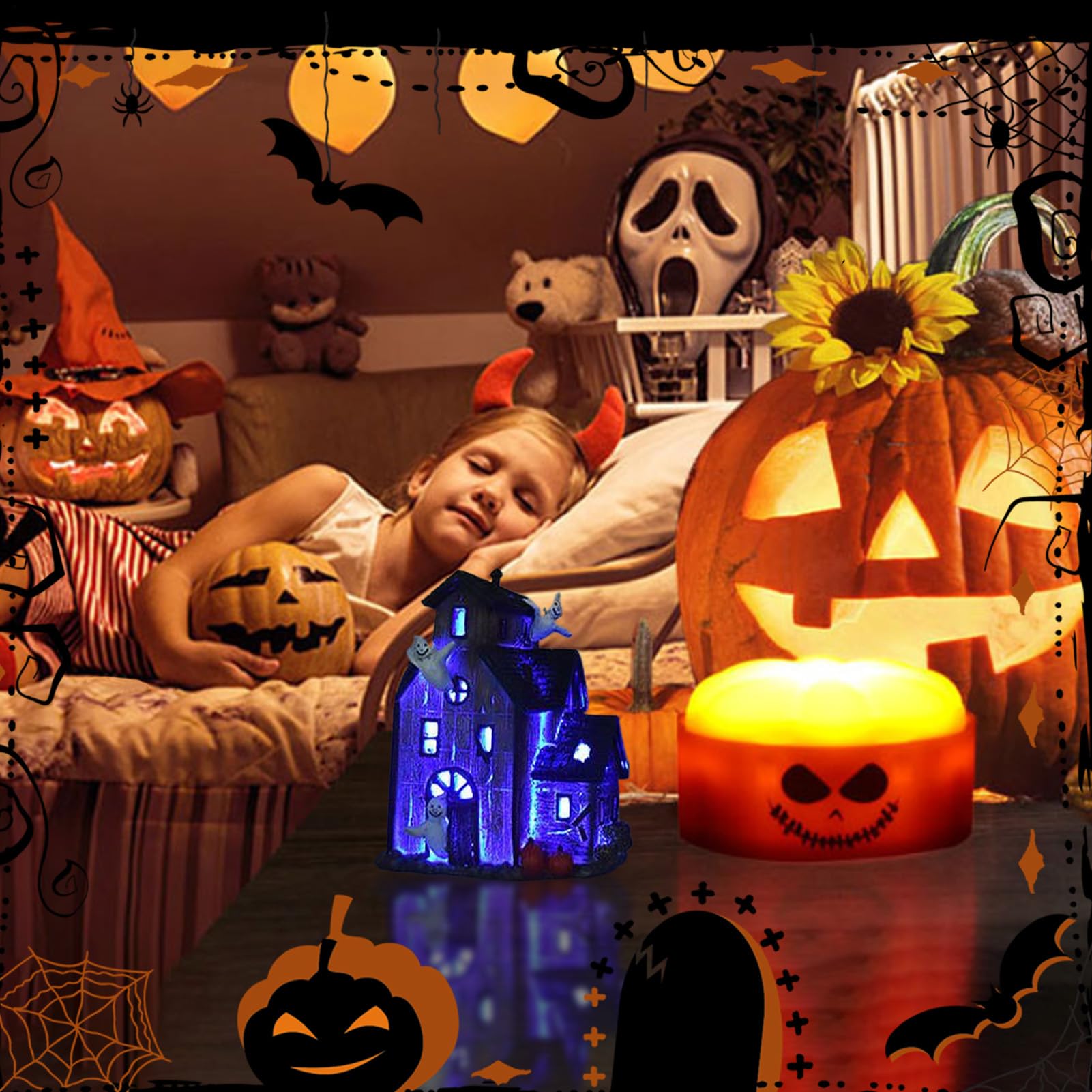 Domki wioski Halloween Halloween Dekoracje Straszne Ozdoby Stołowe | Straszna Wioska Nawiedzony Dom z Lampkami LED Do Sypialni, Salonu, Kuchni, Biurka, Stołu, Regału,