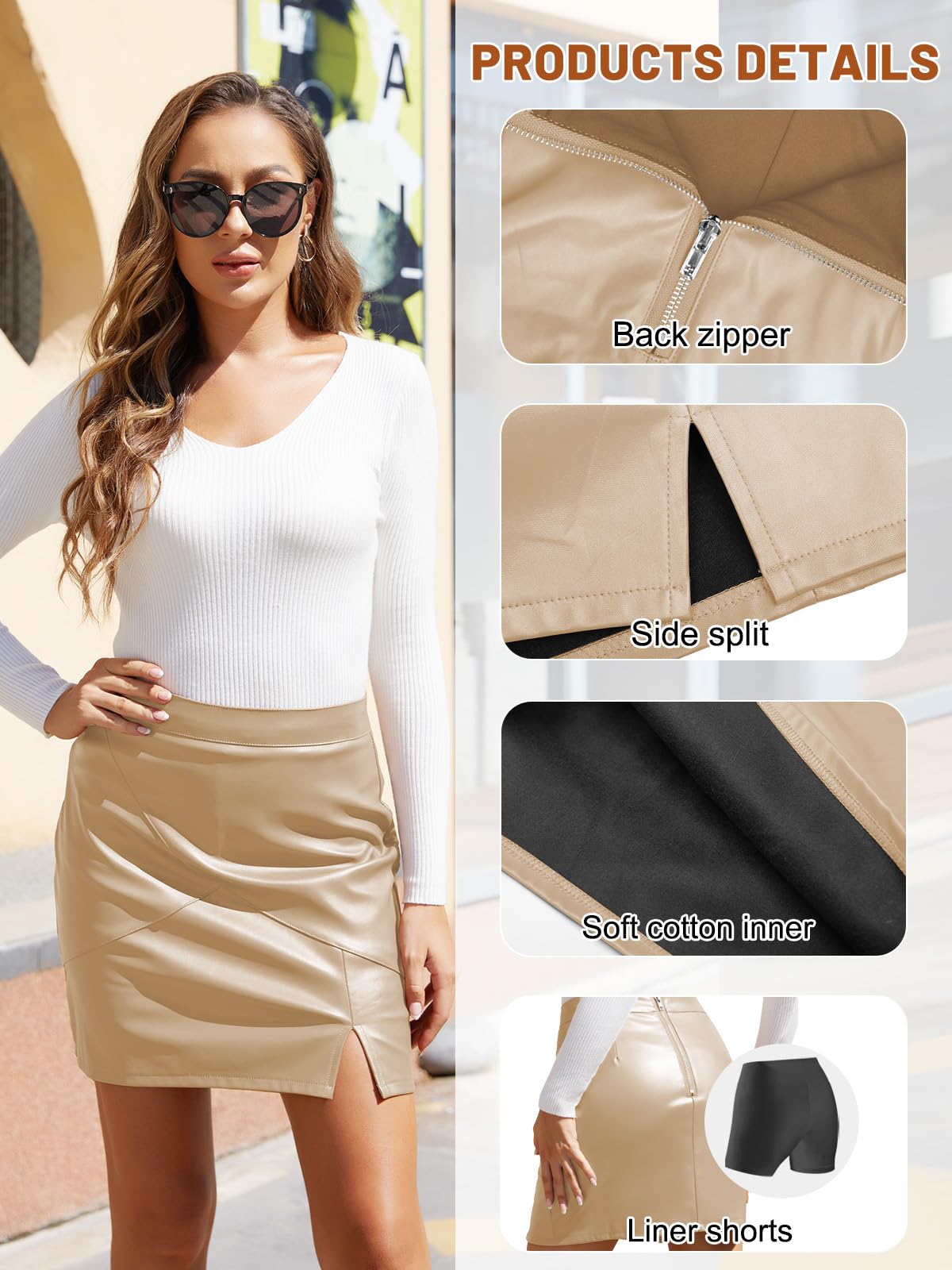 We1Fit Falda de piel sintética para mujer, de cintura alta, entallada, con pantalones cortos