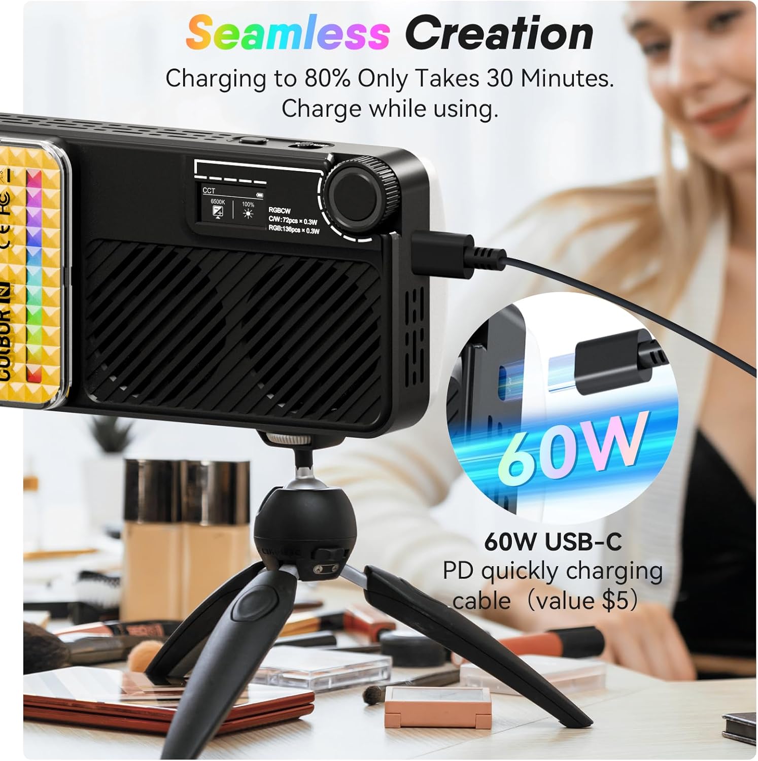 Moman Small LED Camera Light 40W, Full RGB Video Lights with Diffuser, App Control, 2500-9000K, CRI 97+, USB-C Fast Charging, Portable Photography Fill Light for Sony Canon Video Recording
