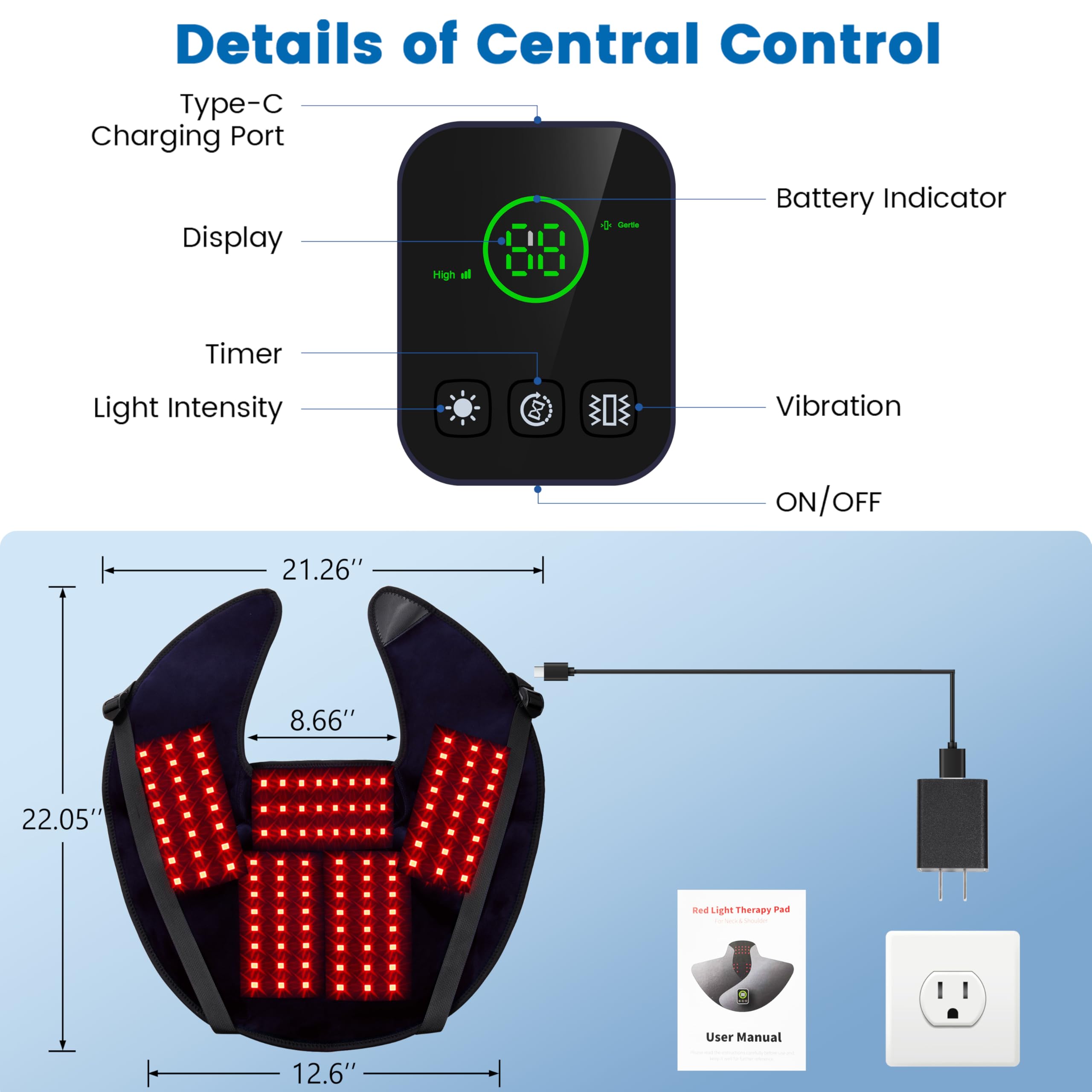 Envoltura de terapia de luz roja inalámbrica para cuello y hombros, 120 LED de 660 nm rojo y almohadilla de terapia de luz infrarroja cercana de 850 nm con masaje vibratorio, envoltura de hombro