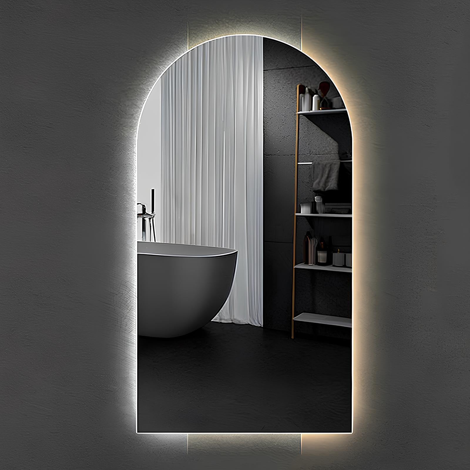 FGXHHS 50x80 cm, 60x90 cm Backlit Arched LED Anti-Fog, Frameless Vanity Mirror with 3 Color Lights and Infinitely Dimmable, Touch Sensor(60x90cm/23.6x35.4in)