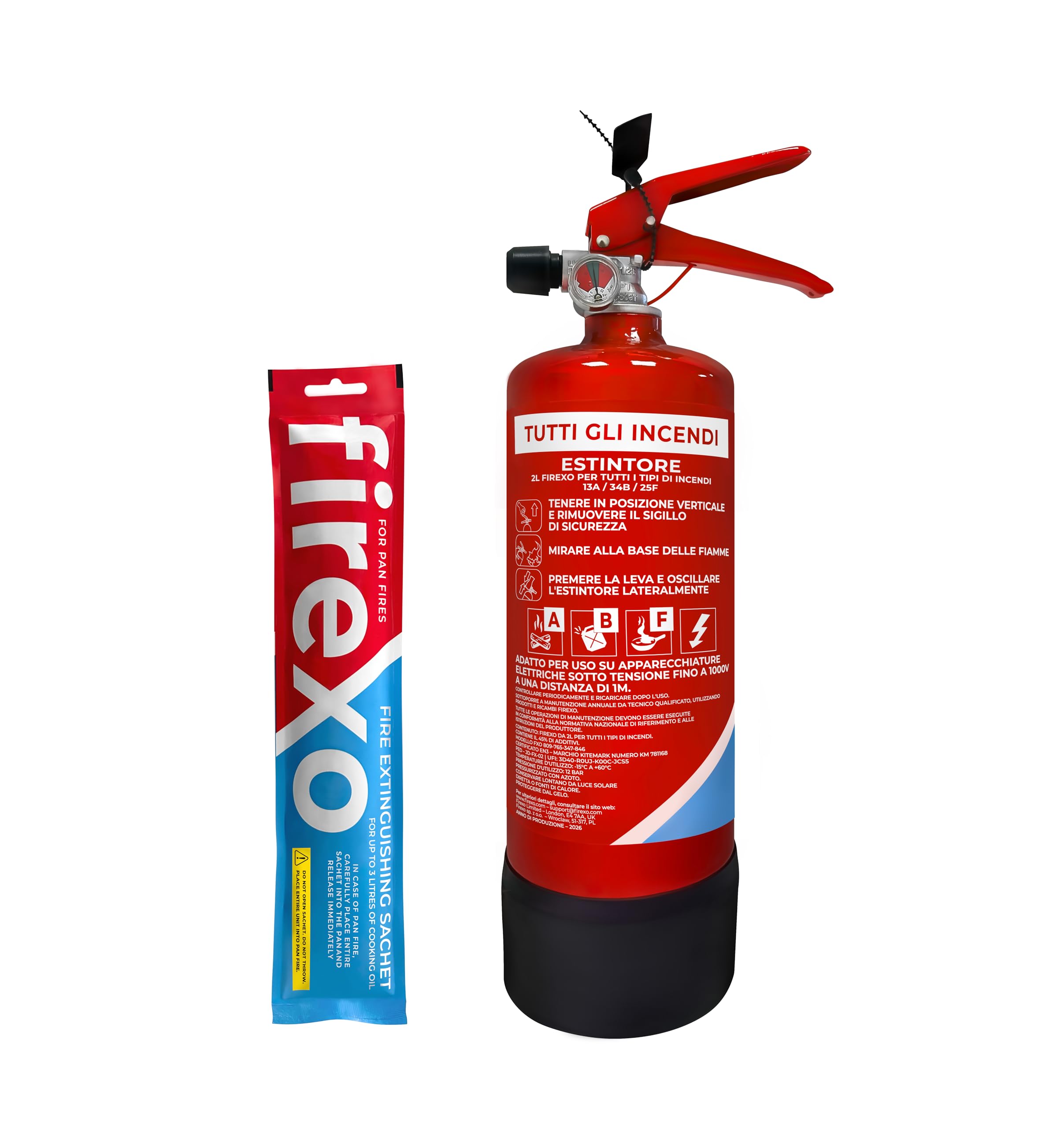 Pacchetto Firexo Estintore (2 Liter) - Estintore Per Casa, Auto, Cucina, Camper, Lavoro, Ristorante, Barca, Camino - Estintore per Tutte Le Classi Di Fuoco + Firexo bustina per la cucina
