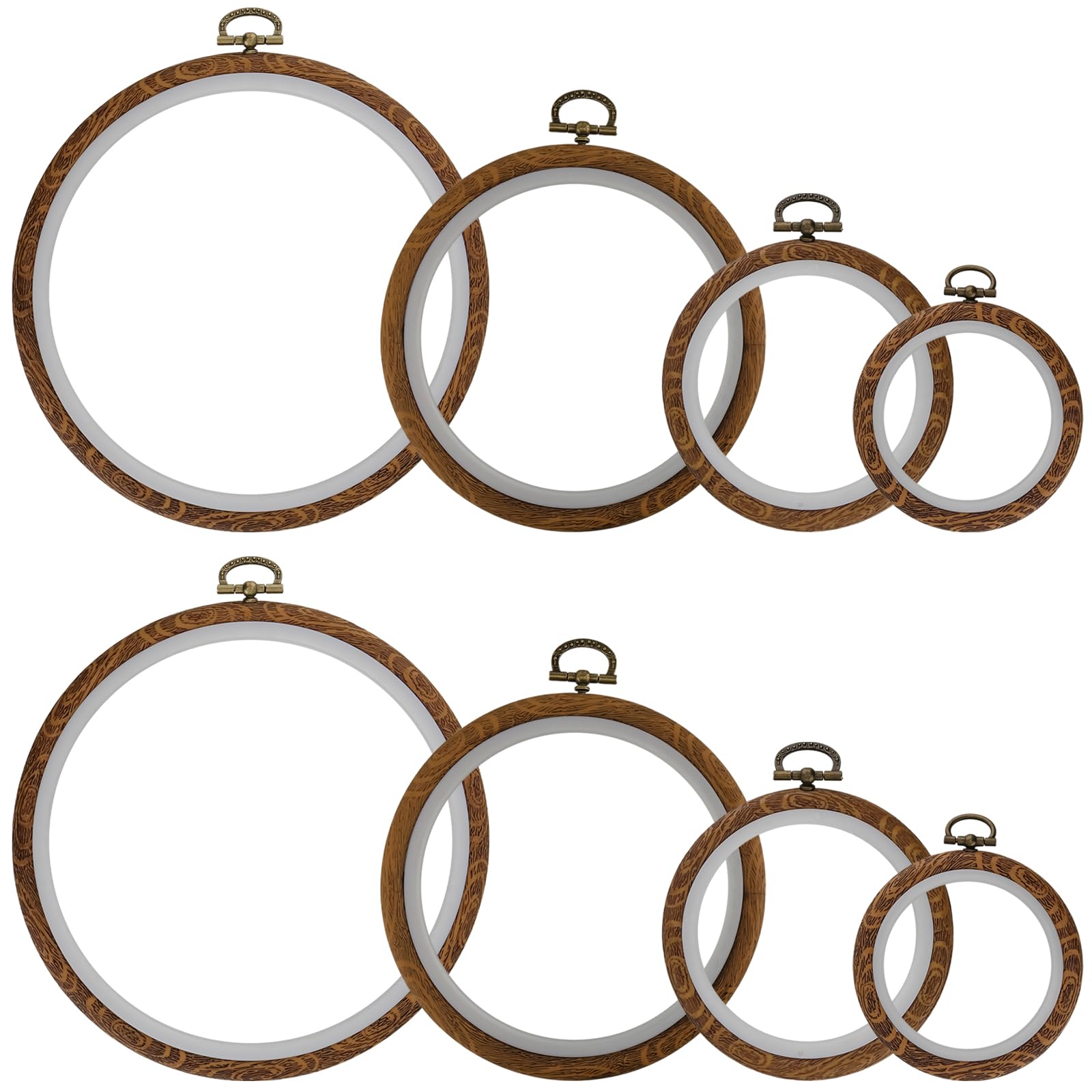 YUENPUN 8 telai ad anello da ricamo, 4 misure, in plastica, per punto croce, rotondi, in finto legno, per fai da te, ricamo, artigianato, cucito, 7,5/10/14/17 cm