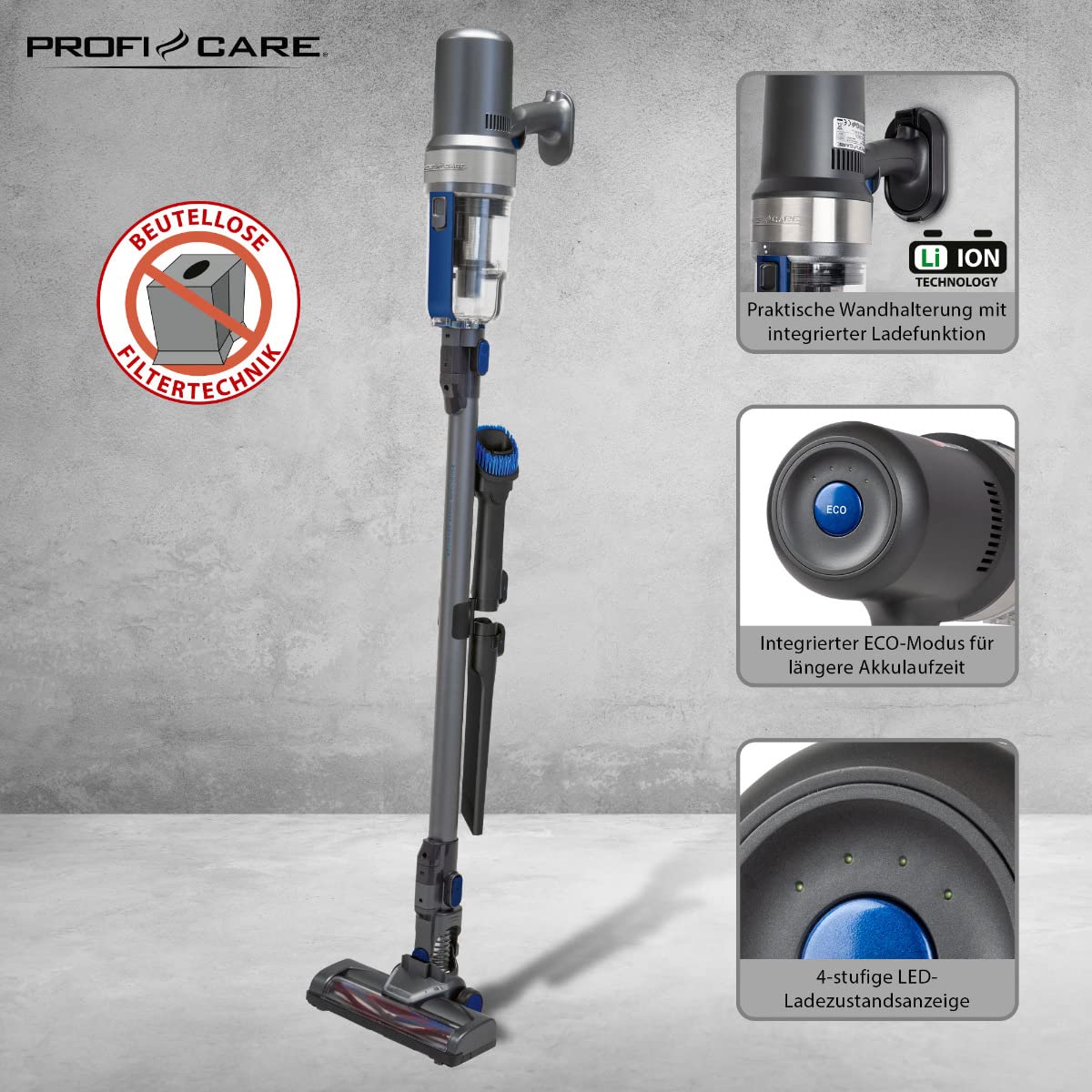 ProfiCare PC-BS 3085 A Akku Bodenstaubsauger, Eco-Cyclon-Twin-Spin Akku-Sauger mit 25,9 V Lithium-Ionen-Akku (2200 mAh), Inkl. flexiblem und dehnbarem Saugschlauch, anthrazit-blau