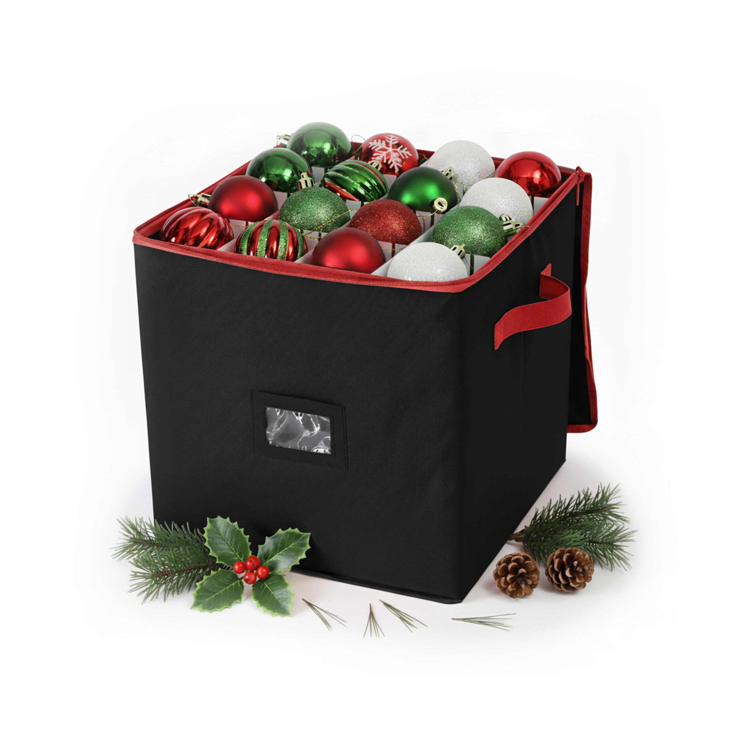 Relaxdays Christmas bauble storage box, 64 baubles, HxWxD: 33 x 33 x 33 cm, polyester, cardboard, bauble box, black/red