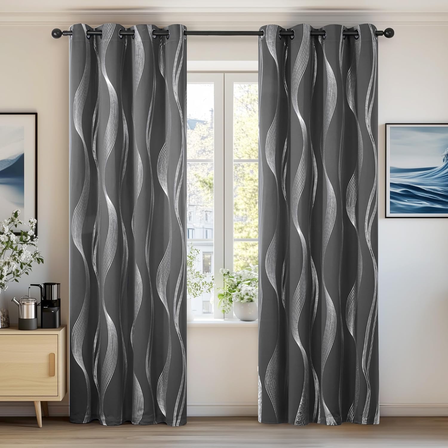 Deconovo Grey Curtains 46 x 54 Inch Foil Printed Wave Line Room Darkening Curtains Thermal Insulated Energy Saving Super Soft Eyelet Blackout Curtains for Bedroom Light Grey 2 Panels — view 55