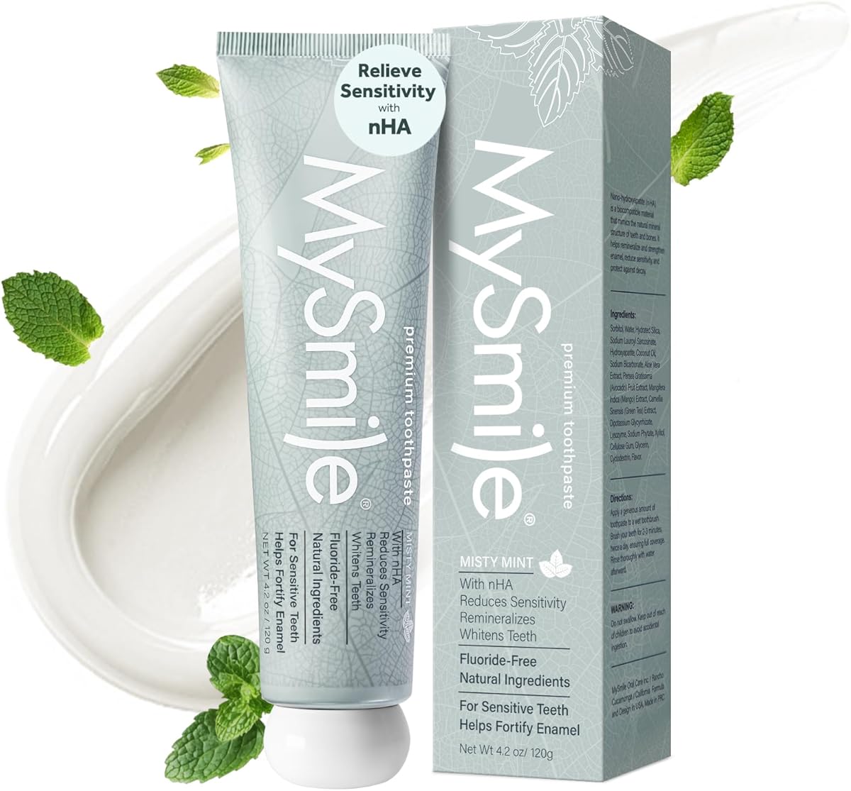 MySmile Fluoride Free Toothpaste, Nano Hydroxyapatite Toothpaste for Sensitive Teeth, Strengthens Enamel, Remineralizes & Whitens Teeth, Freshens Breath for Adults, SLS Free, Natural Misty Mint, 120ml