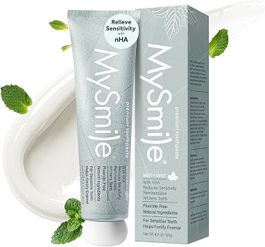 MySmile Fluoride Free Nano Hydroxyapatite Toothpaste for Sensitive Teeth, Strengthens Enamel, Remineralizes & Whitens Teeth, Freshens Breath for Adults, SLS Free, Misty Mint, 4.2 oz